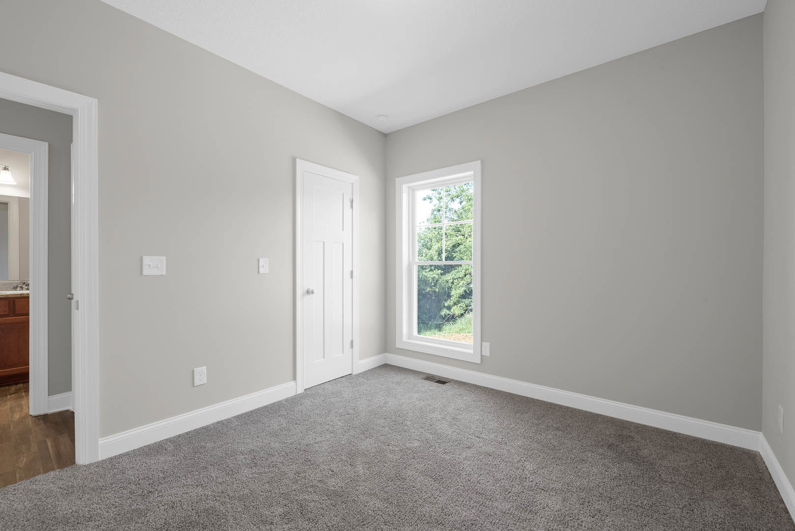 Bedroom with grey carpet, white walls, large window overlooking trees, white door with silver knobs, white ceiling, and wall-mounted hooks.