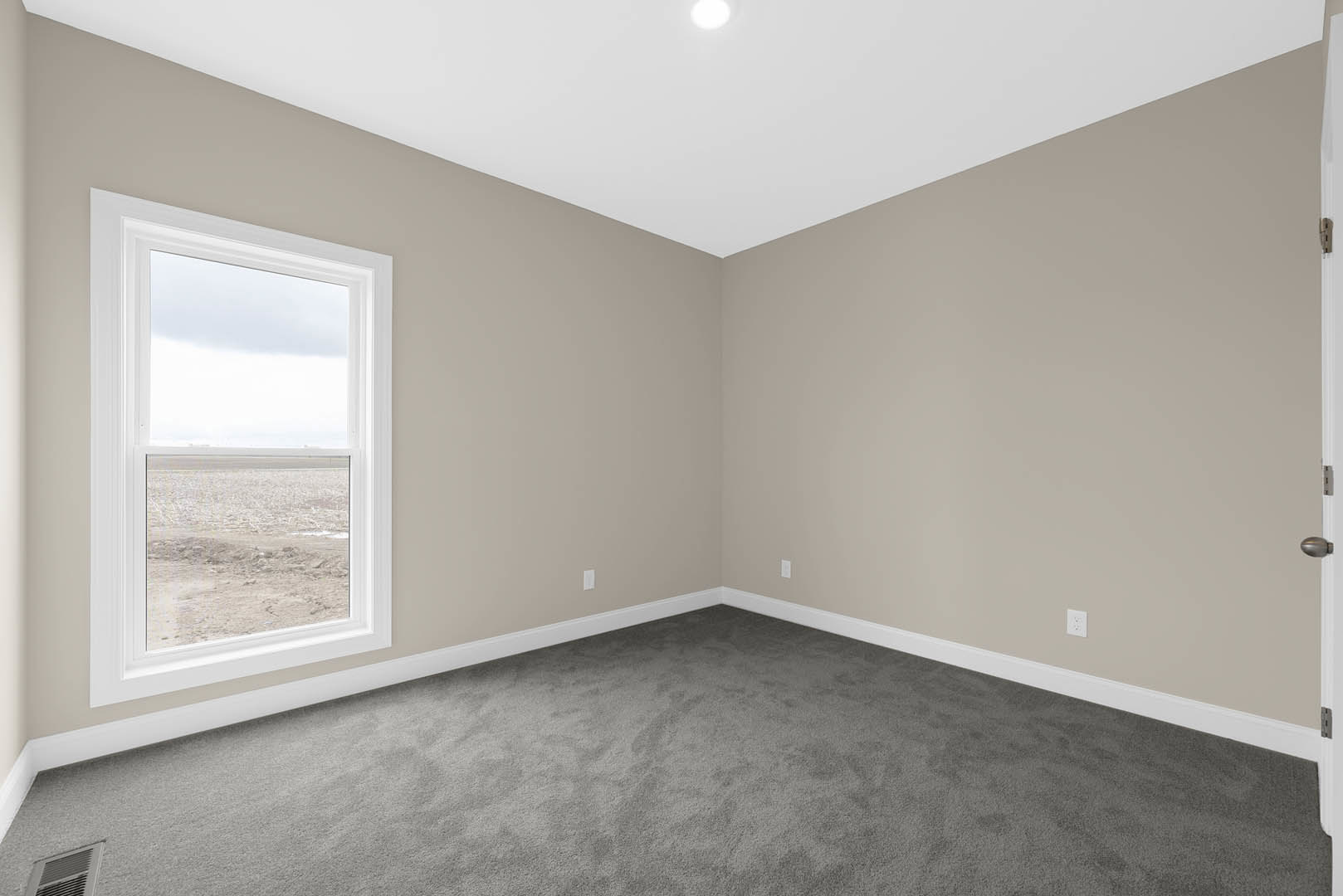 Bright room with white walls, large window overlooking grassy field, grey carpet flooring, wall vent, and simple ceiling light fixture