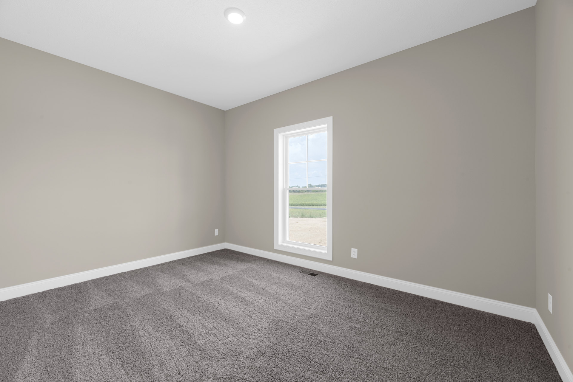 Bright room with white walls, large window overlooking a grassy field and blue sky, grey carpet flooring, ceiling light fixture, simple baseboard molding