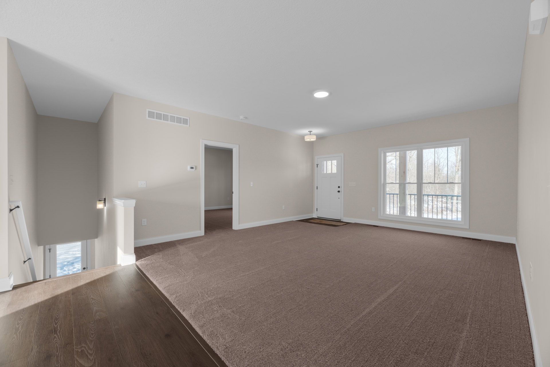 Carpeted room with white door featuring glass panes, large window with exterior railing, white door frame and border, wall vent, plaster walls, and ceiling.