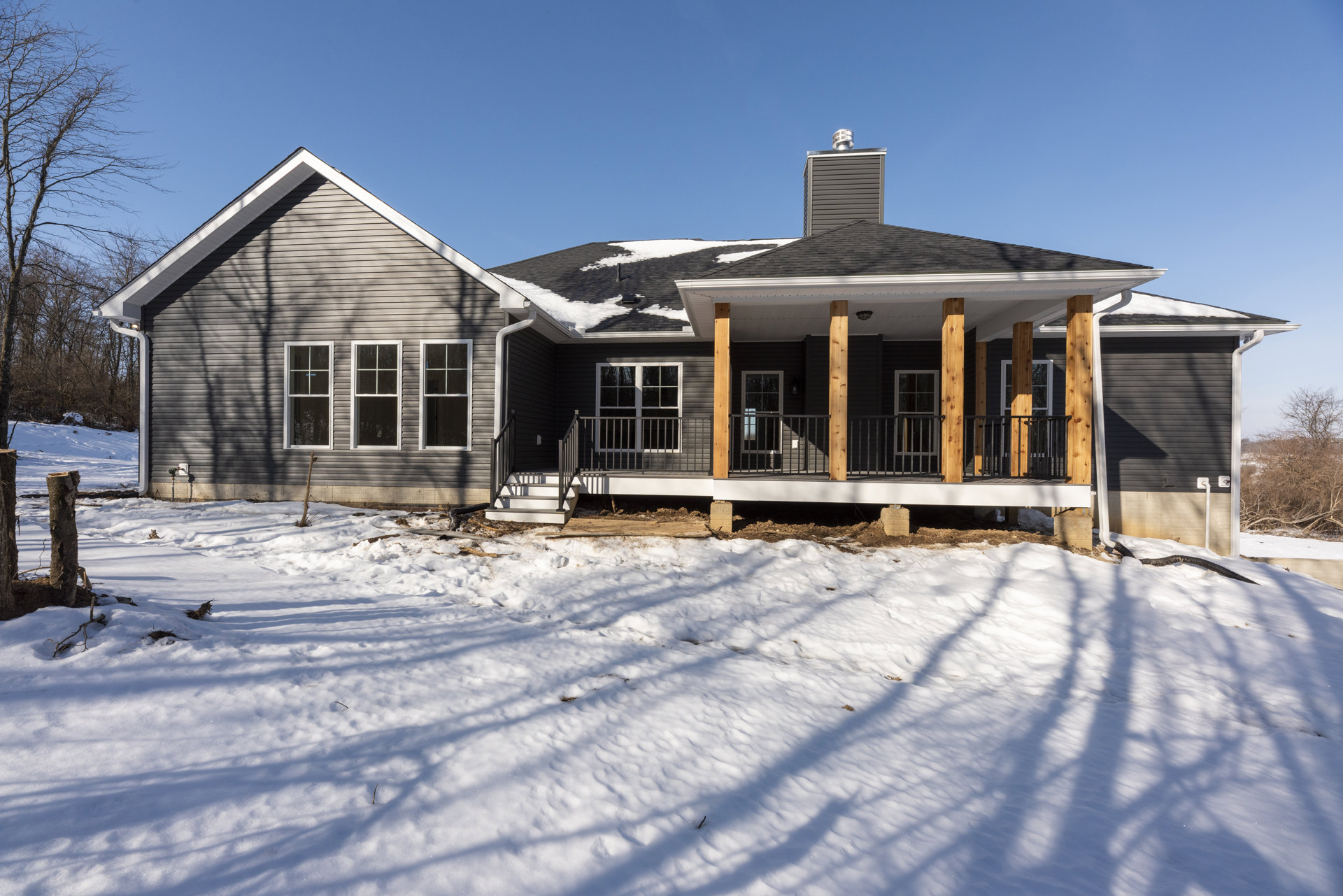 Two-story house with white-framed windows, covered porch, wood siding, snow blanketing the yard and steps, leafless tree with visible trunk and hole
