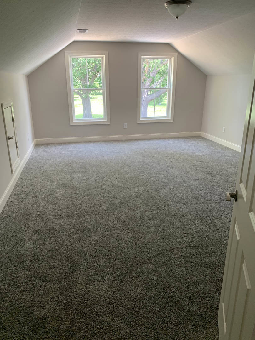 Carpeted room with two large windows, white plaster walls, laminate flooring near entry, close-up of brushed metal door handle, and ceiling light fixture; tree visible through