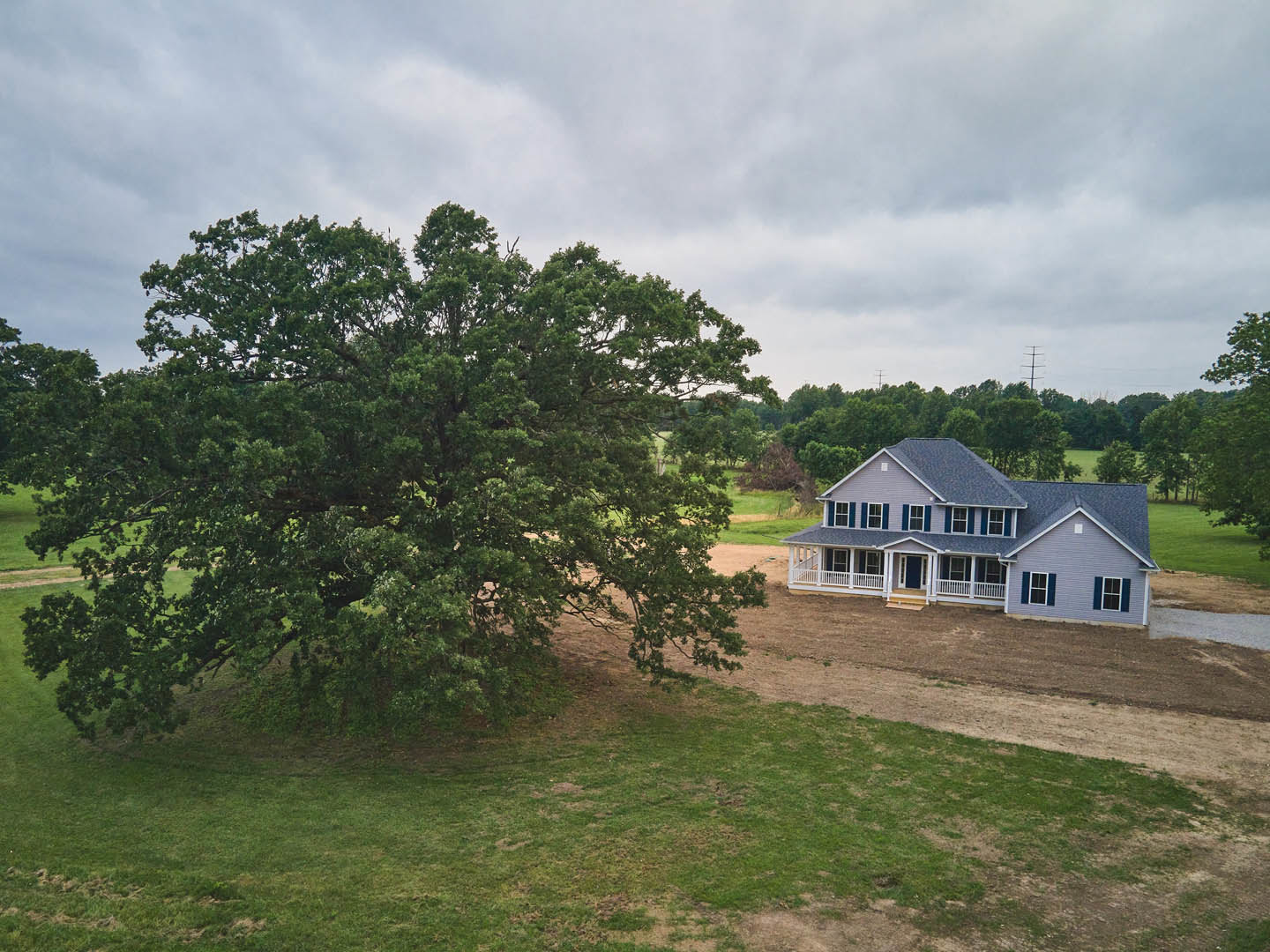 Two-story house with blue roof and white siding, large leafy tree behind the home, green grass lawn, partly cloudy sky