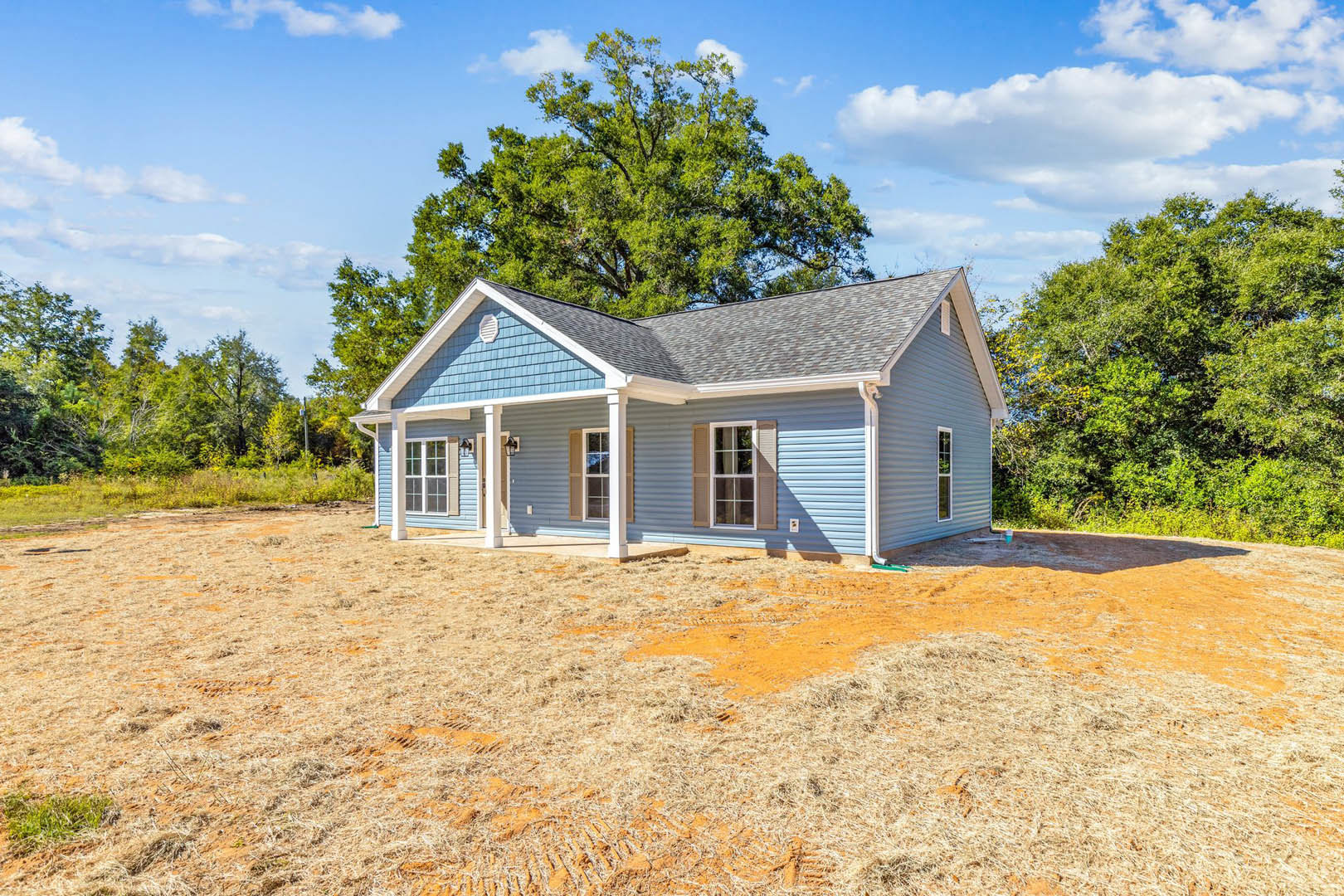 Blue house with white trim, multi-pane windows, expansive grassy yard, mature tree, and partly cloudy sky