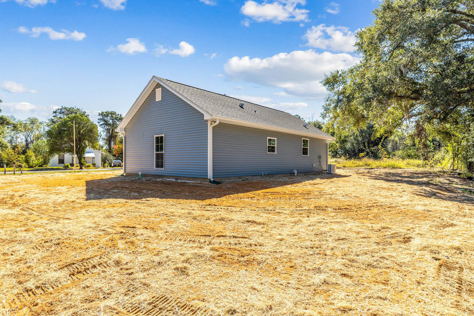Blue siding house with white gutters set in a grassy field, tree and wooden pole in front, under a partly cloudy blue sky
