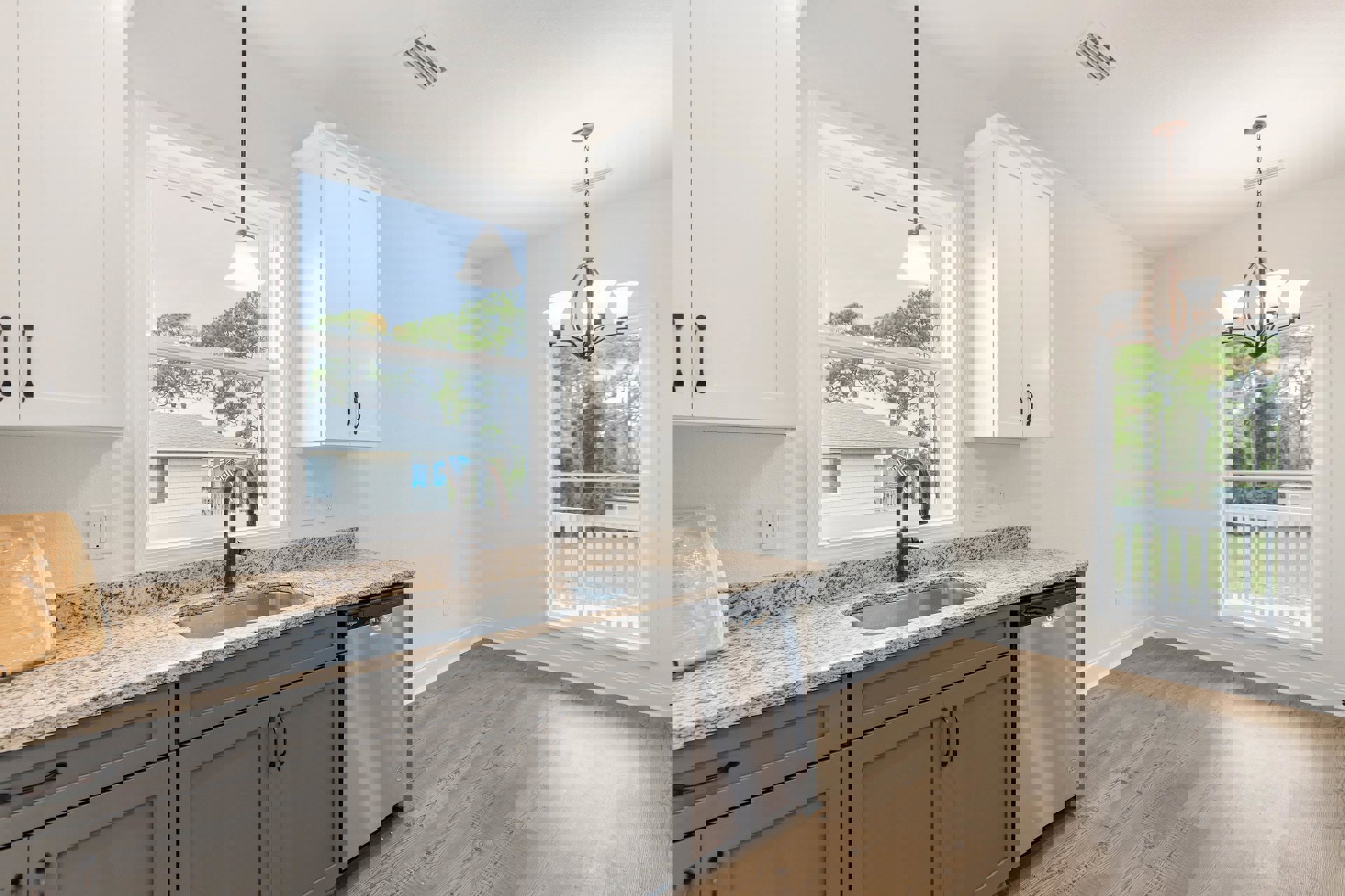 Modern kitchen with white tile backsplash, stainless steel sink under a window, light wood cabinetry, silver refrigerator, and stone countertop