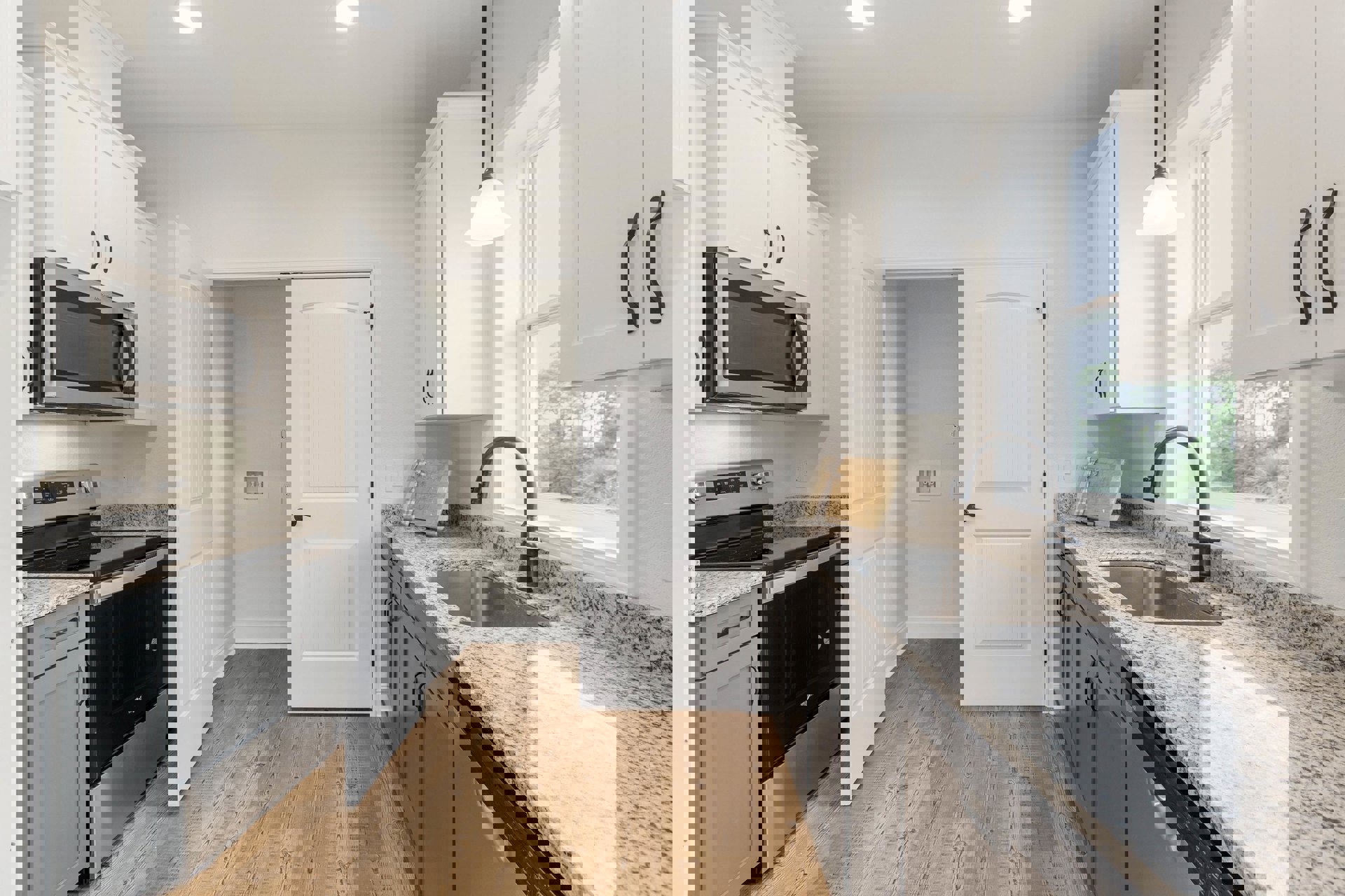 Granite countertop kitchen with tile backsplash, stainless sink, stove, open microwave, white cabinetry with black handles, and white door