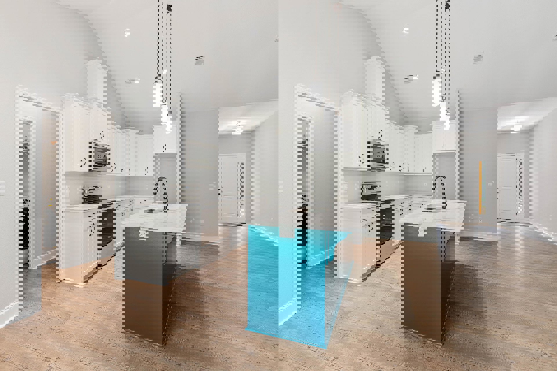 Blue kitchen island with white quartz countertop, surrounded by white shaker cabinets, stainless steel appliances, farmhouse sink, and light wood flooring