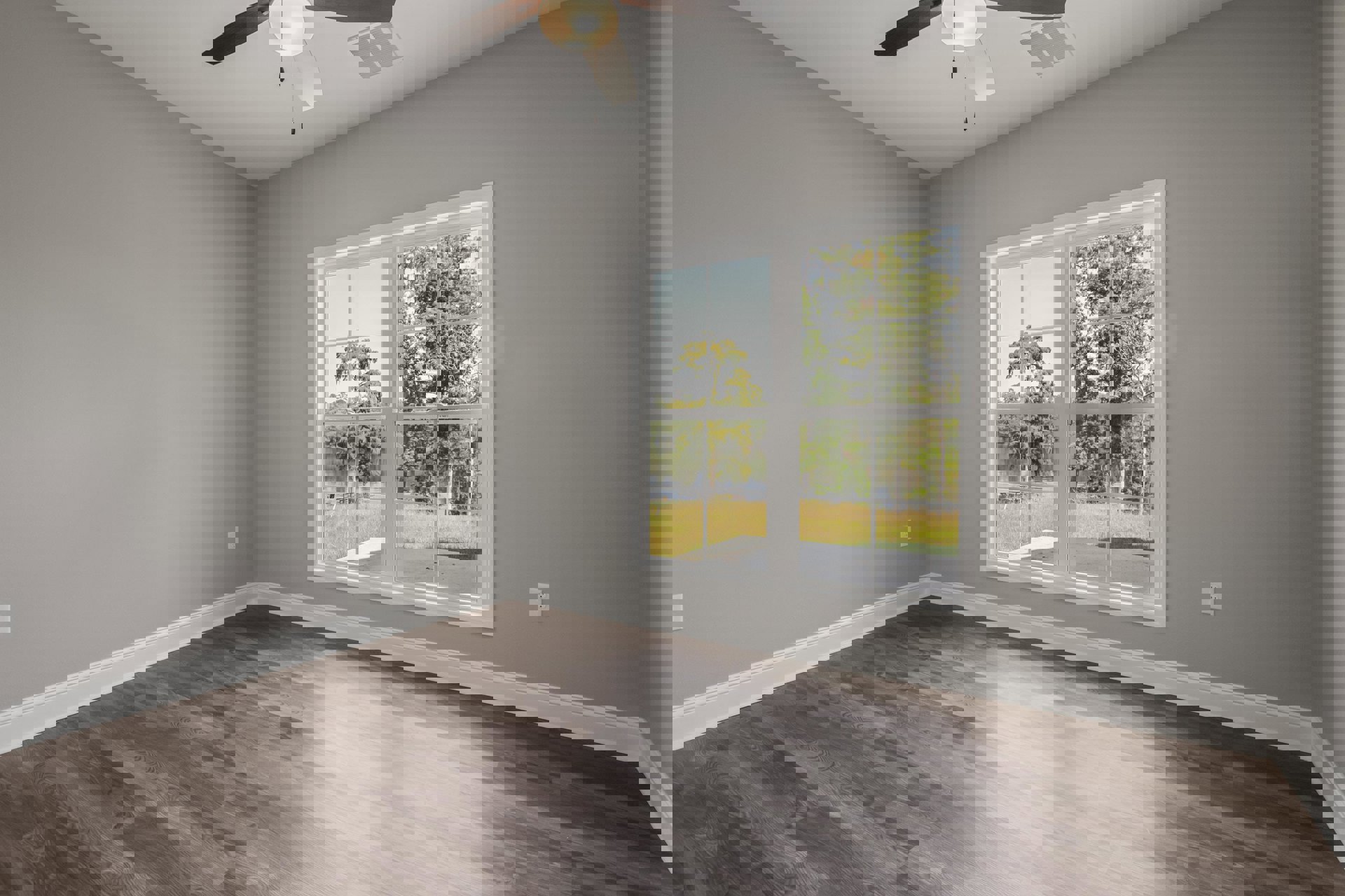 Wood-floored room with white plaster walls, ceiling fan with light fixture, large window overlooking lake and trees, ceiling vent visible