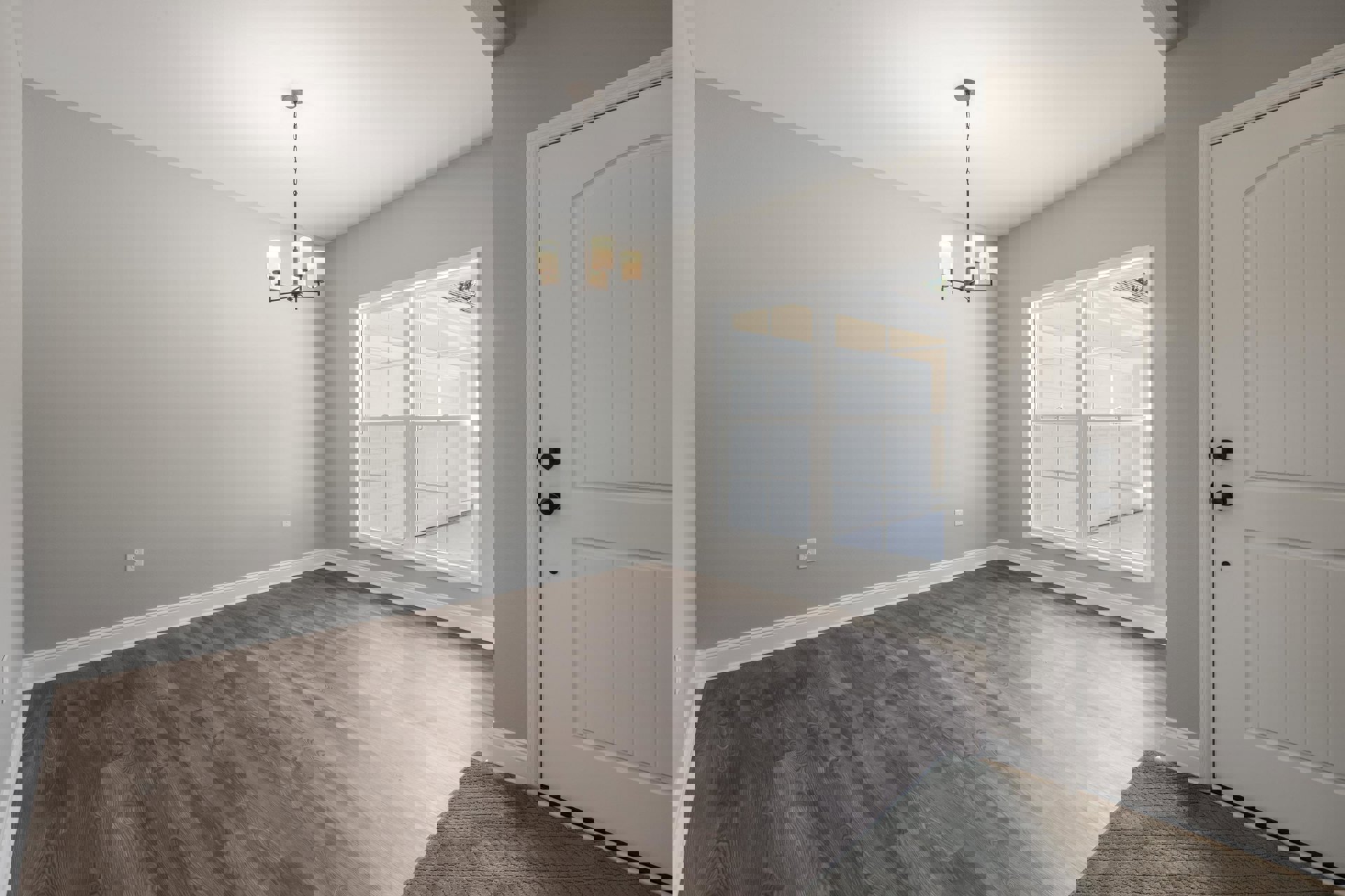 White door with black knobs, white-framed window, wood laminate flooring, plaster walls, close-up chandelier, modern interior design