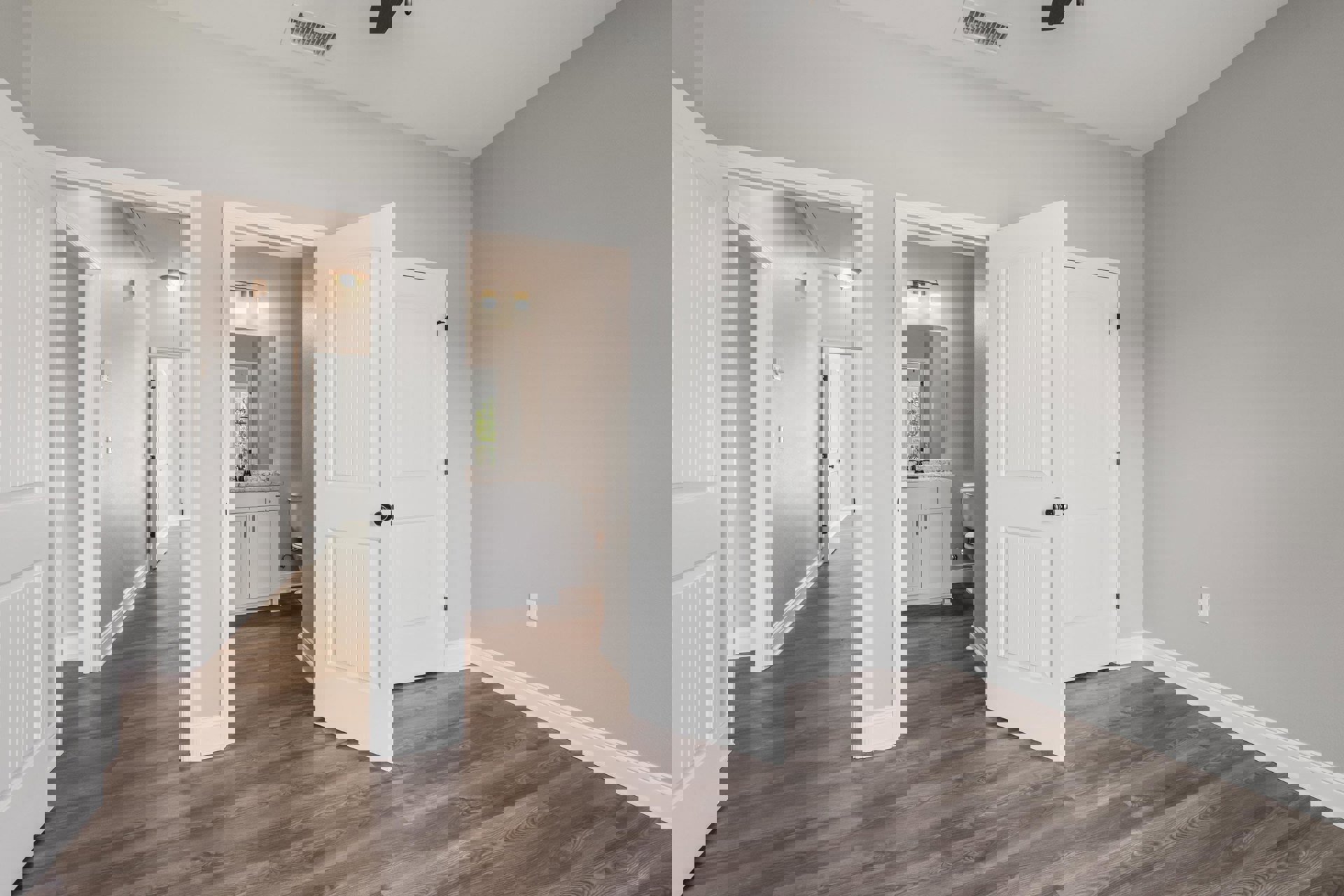 White paneled door with black knob open to room with light wood flooring, white cabinetry with drawers, and ceiling vent