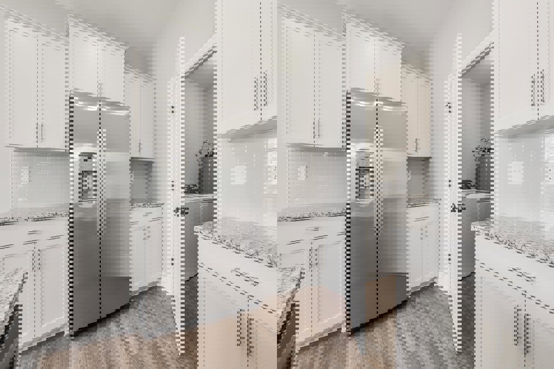 White kitchen cabinets and stainless steel refrigerator with ice and water dispenser, black hardware on doors, light-colored countertop, water cooler visible in foreground.