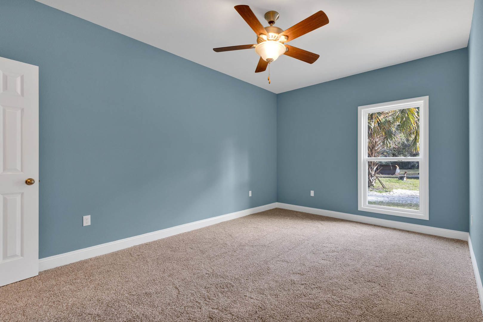 Carpeted bedroom with white walls, ceiling fan with light fixture, window overlooking palm trees, and paneled door