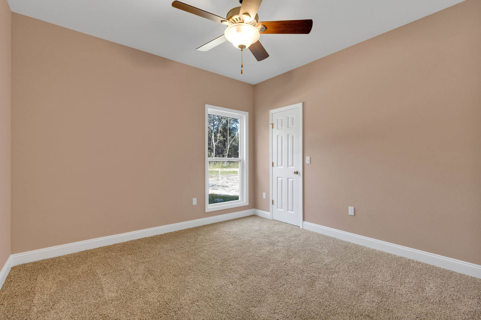 Neutral-toned carpeted room with white walls, ceiling fan with light fixture, large window showing trees and grass outside, and white door with gold knobs