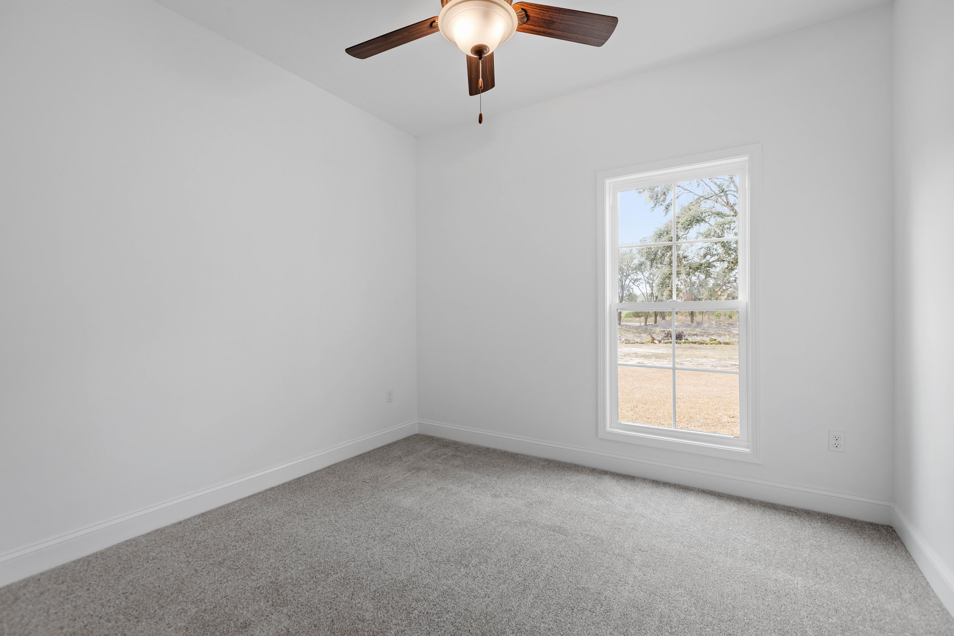 Neutral-toned carpeted room with white plaster walls, ceiling fan with illuminated light fixture, large window overlooking green field and trees