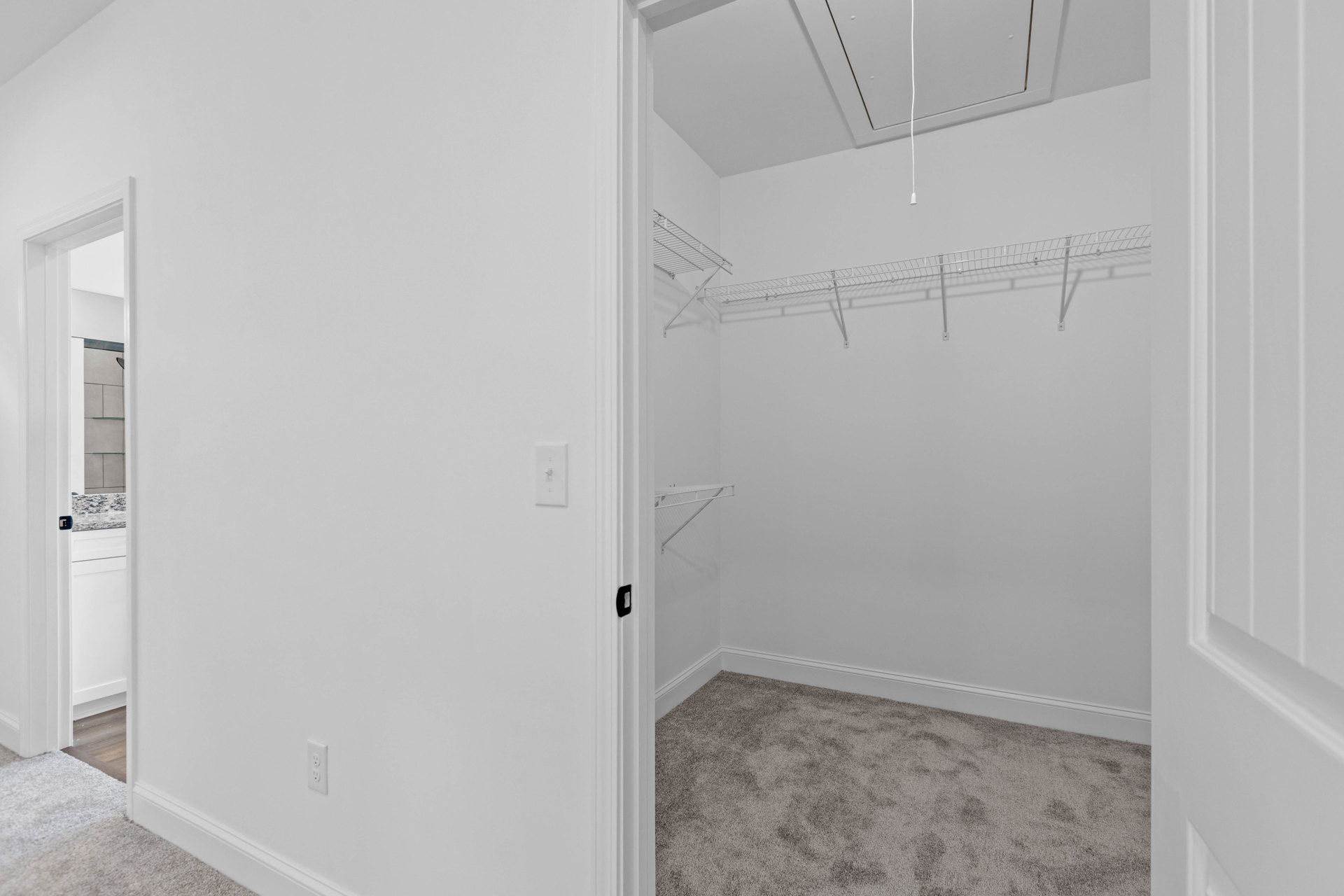 Open white closet door with black handle reveals built-in shelves and hanging rack, carpeted floor, plaster walls, and ceiling in a residential room.