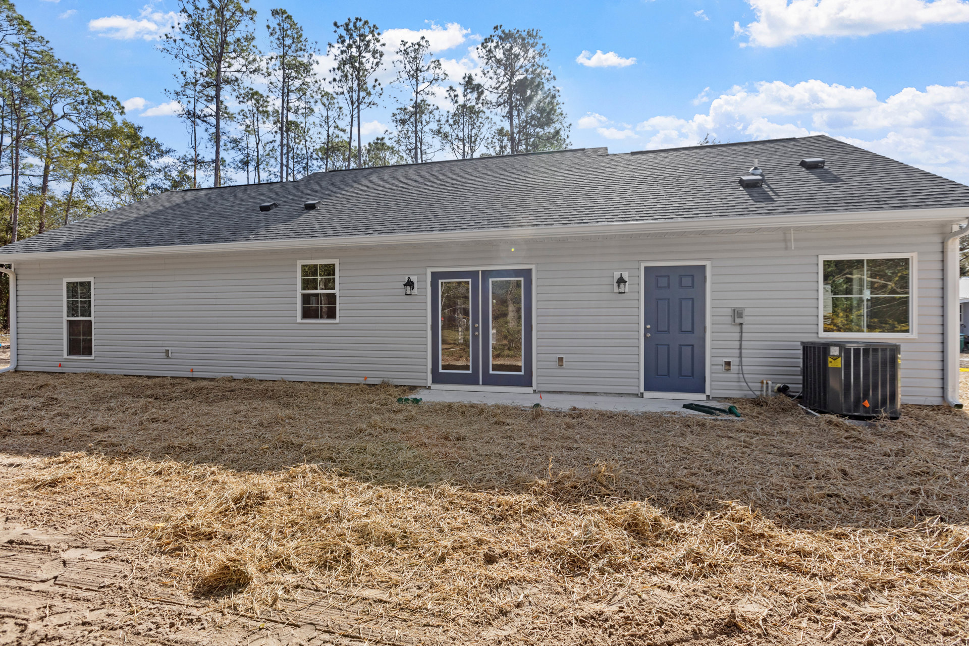 Two-story home with light siding, blue double front door with glass panels and white trim, large windows, surrounded by mature trees and grassy yard, outdoor air conditioner unit