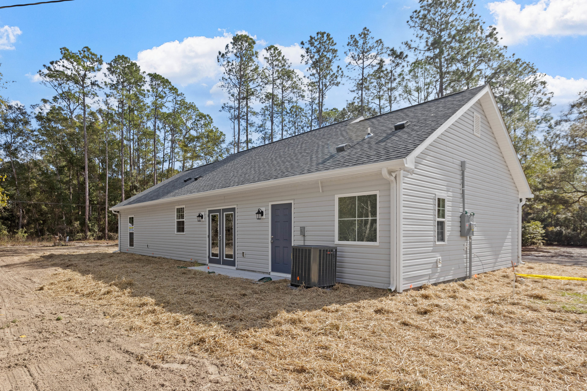 Two-story house with blue and grey doors, large windows reflecting surrounding trees, black heater on stone patio, trash can near entry, dense forest backdrop.