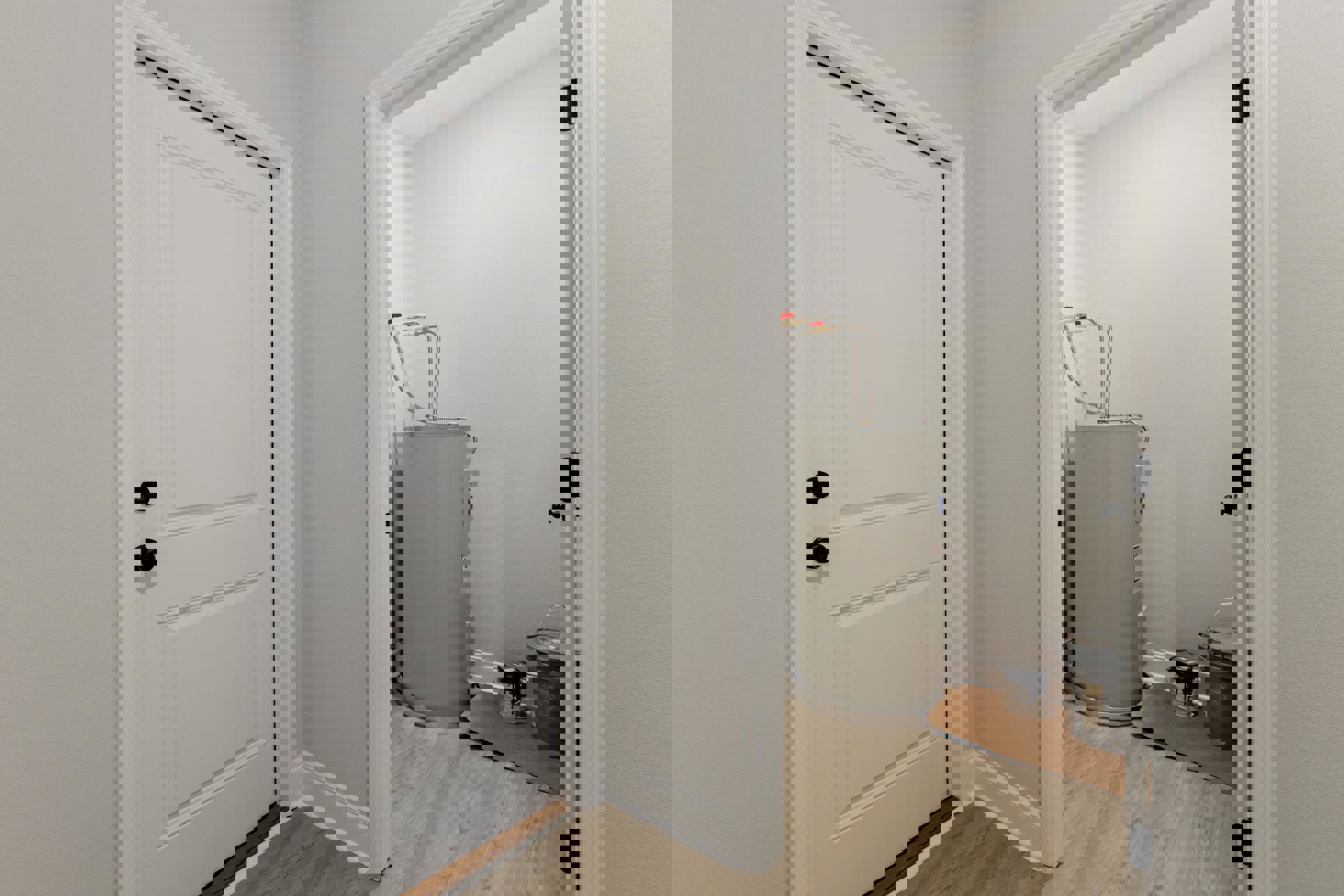 White door with black knobs beside a white refrigerator and water heater, wooden floor, white walls, paint can with black paint dripping, close-up of a bucket