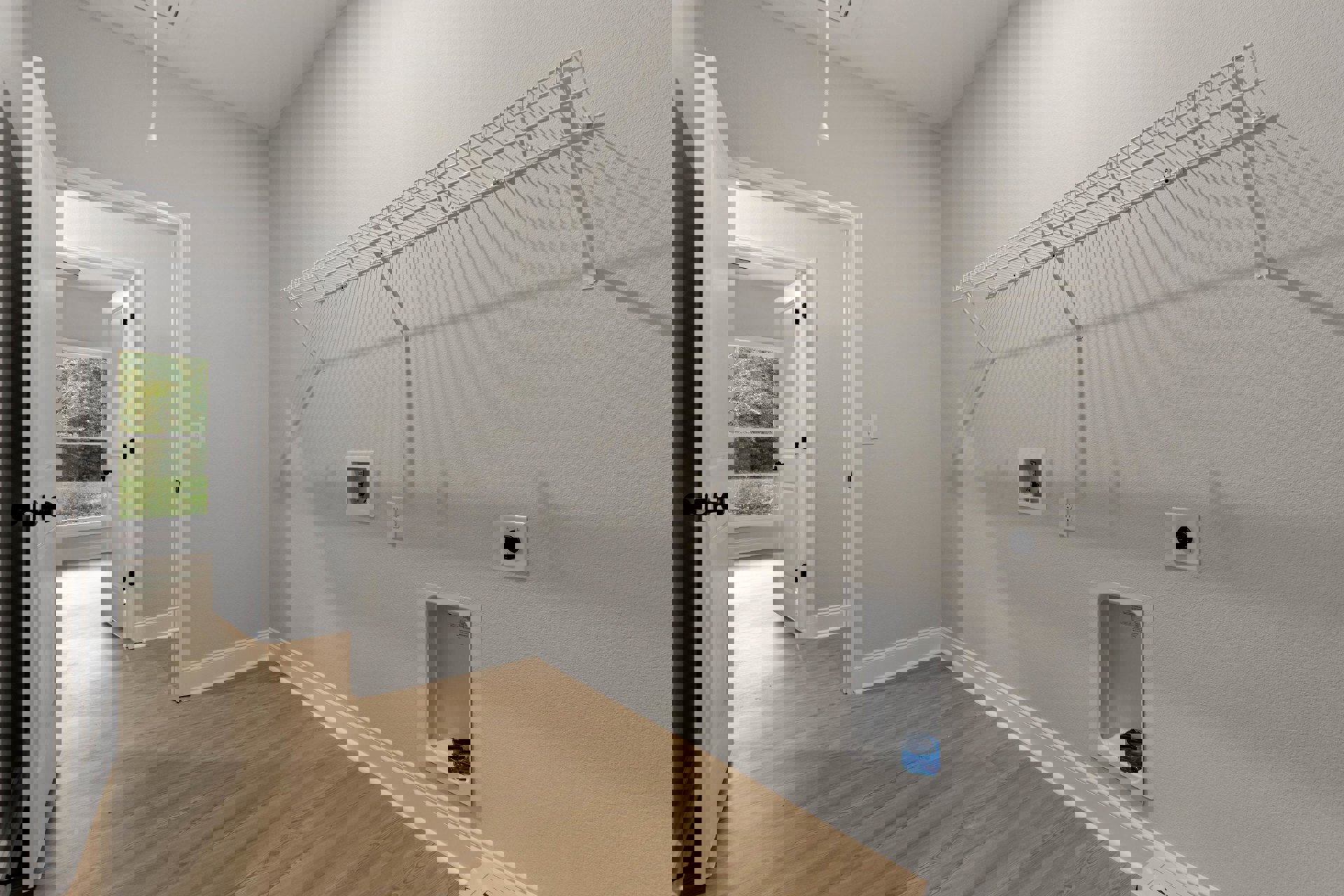 White plaster wall, light wood flooring, window framing forest view, black circular fixture, wall-mounted rack, recessed valve, blue bag inside urinal