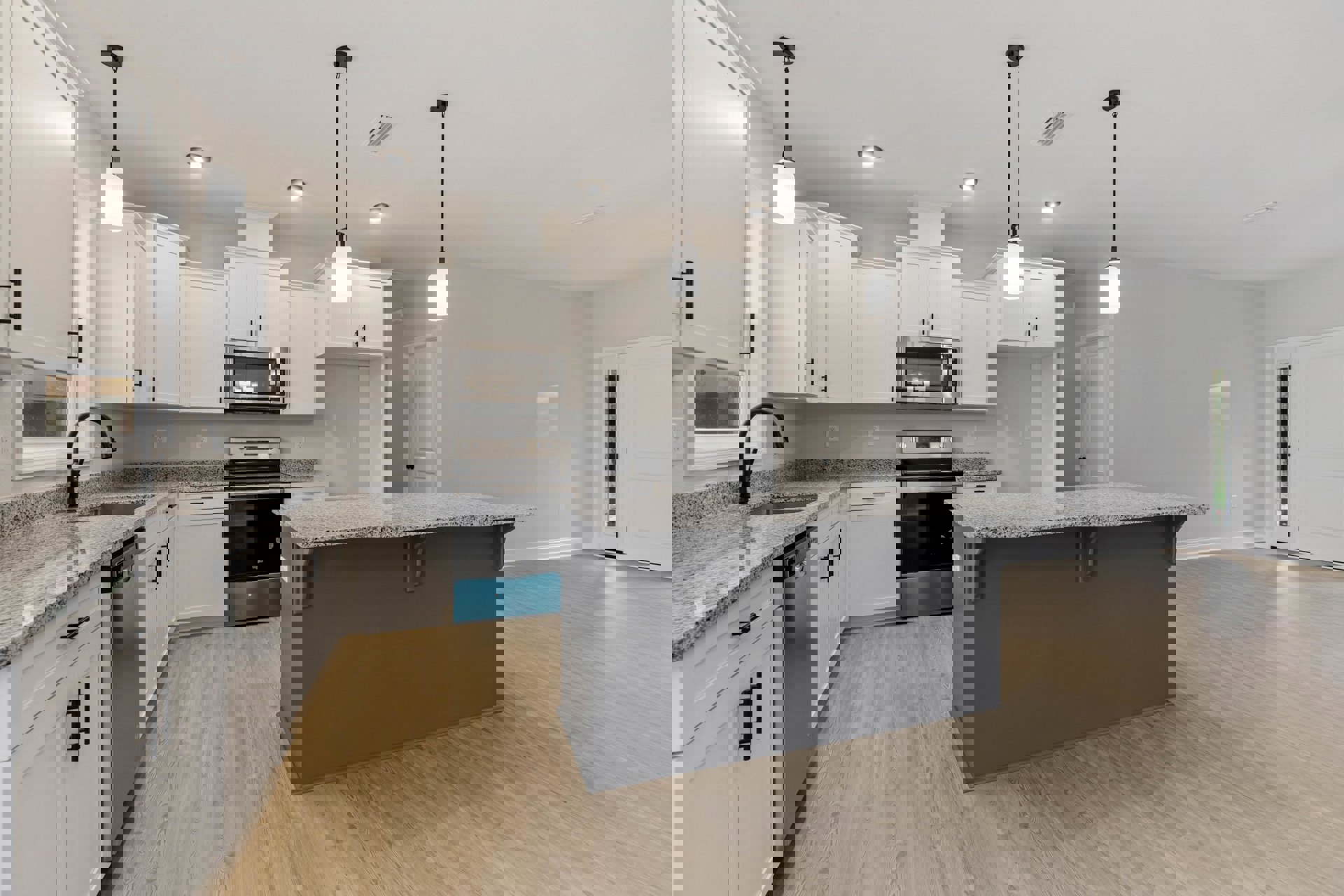 Kitchen with white shaker cabinets, large central island with stone countertop, stainless steel appliances, tile backsplash, and pendant lighting above the workspace.