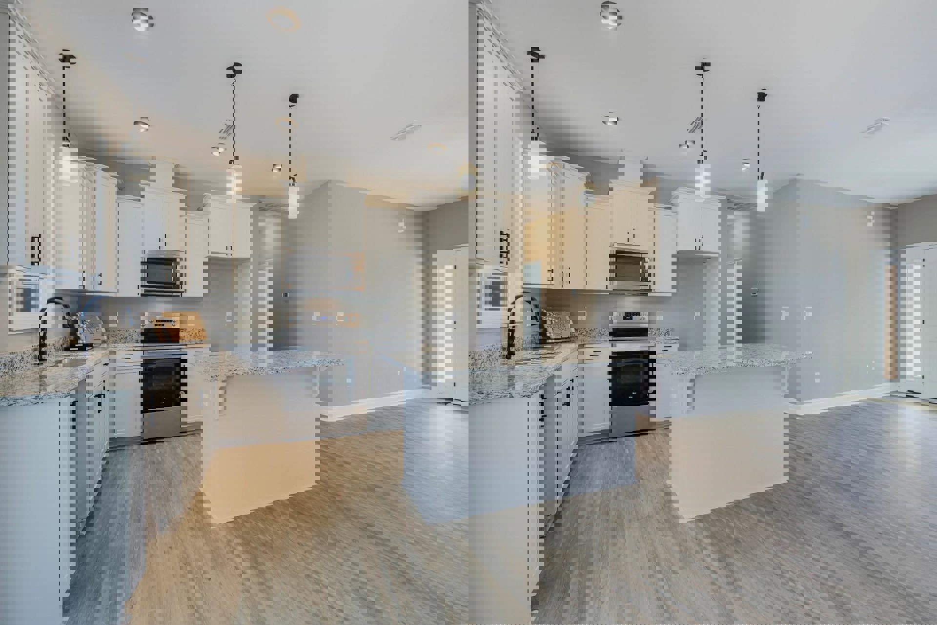 Modern kitchen featuring white countertop, wood flooring, built-in microwave with black screen, stainless steel stove, recessed ceiling light, and white cabinetry.