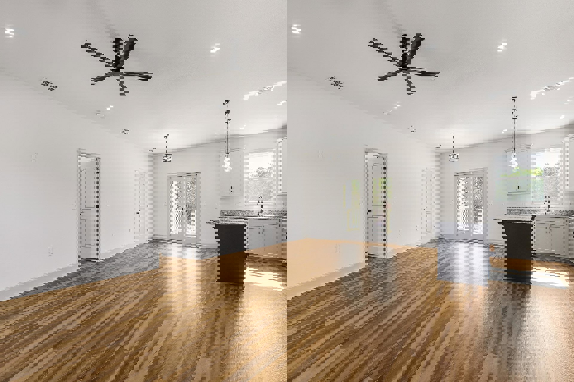 Open room with wood flooring, four-blade ceiling fan, white double doors with glass panes, single white door with black knobs, window above sink and faucet, light-colored walls and