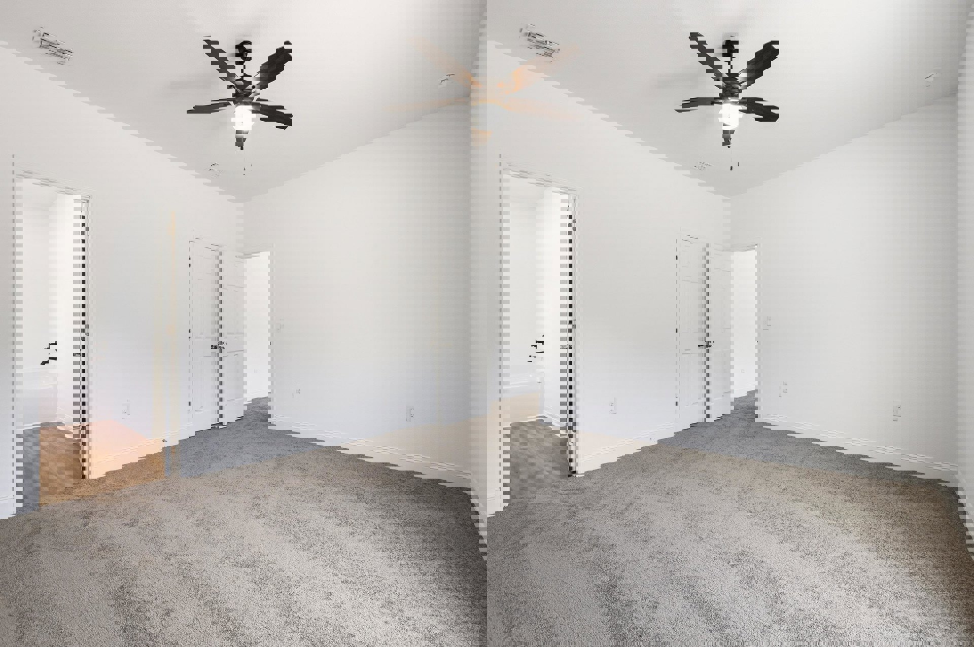 Carpeted room with white walls, ceiling fan with light fixture, white door featuring silver doorknob