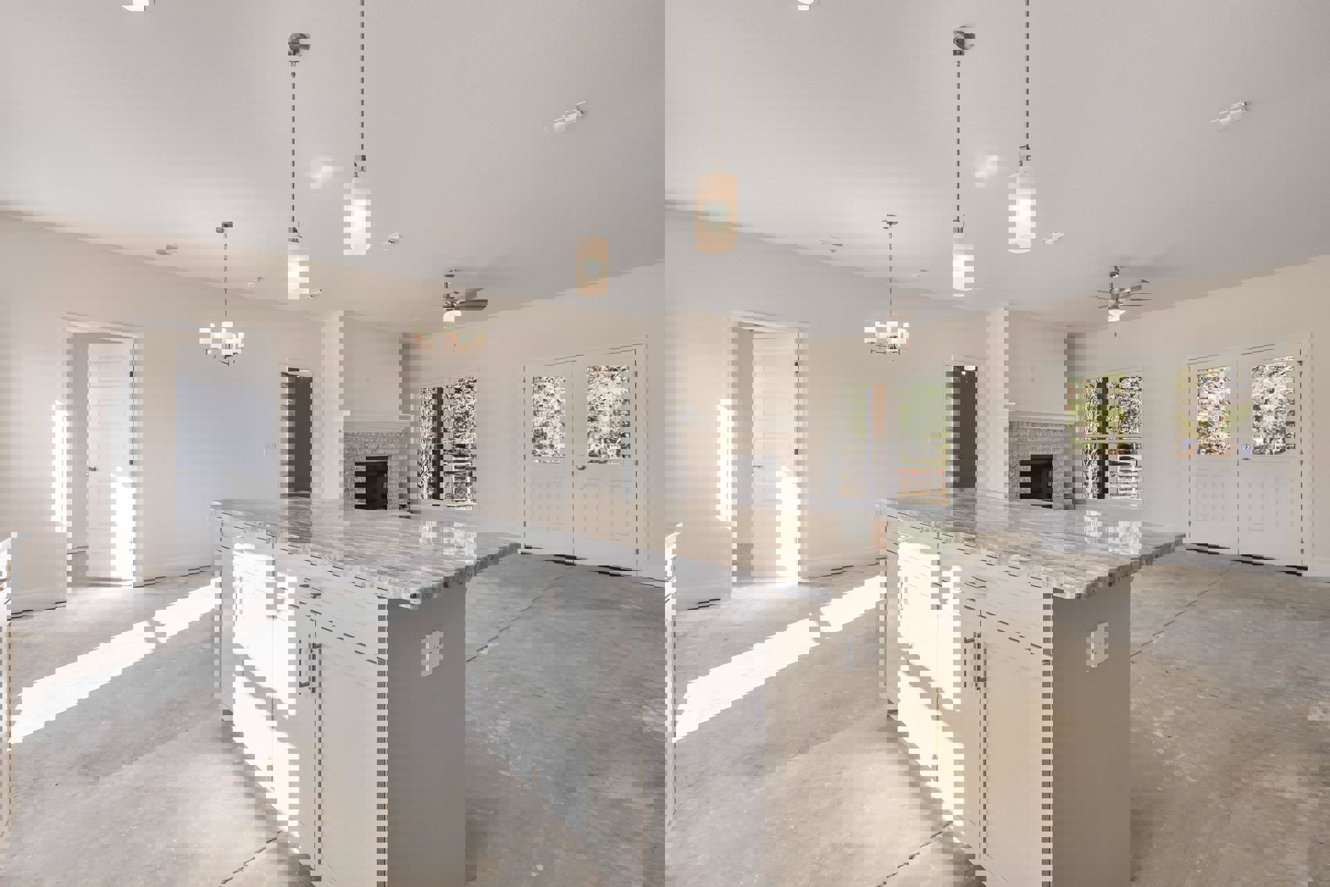 Quartz kitchen island with undermount sink, white cabinetry, stainless steel faucet, hardwood flooring, double glass doors, recessed lighting, white electrical outlet, and white