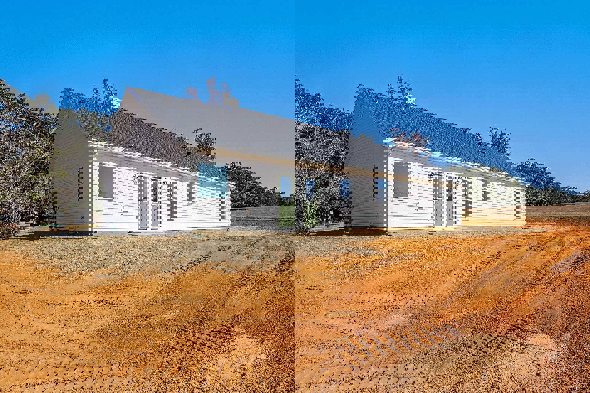 White cottage-style house with green doors and window frames, dirt driveway with tire tracks, leafless tree and sparse greenery in background, blue sky reflected in window.