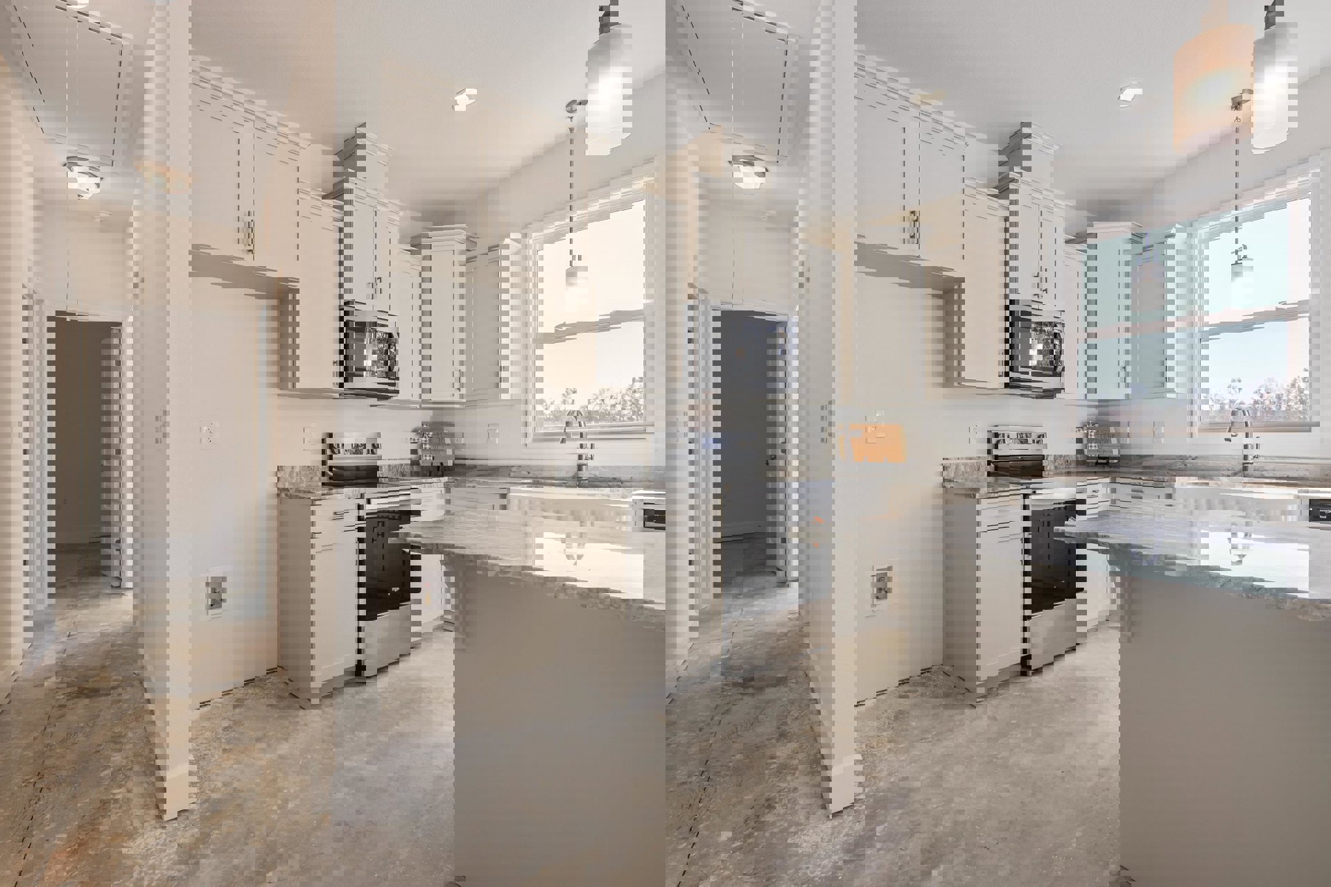 White shaker cabinets, black stove and refrigerator, marble countertop, stainless steel sink and faucet, built-in microwave, modern light fixture, hardwood flooring