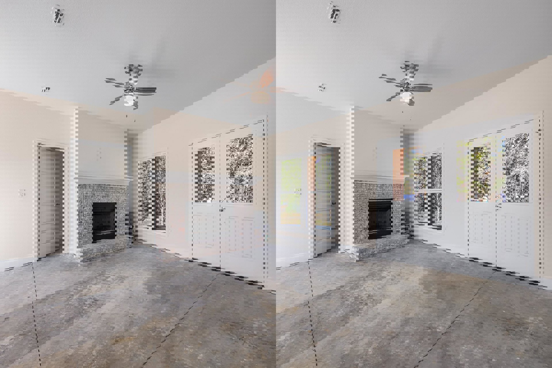 Living room with brick fireplace featuring glass doors, ceiling fan with light, double doors with window panes, white door with silver knob, plaster walls, and hardwood flooring