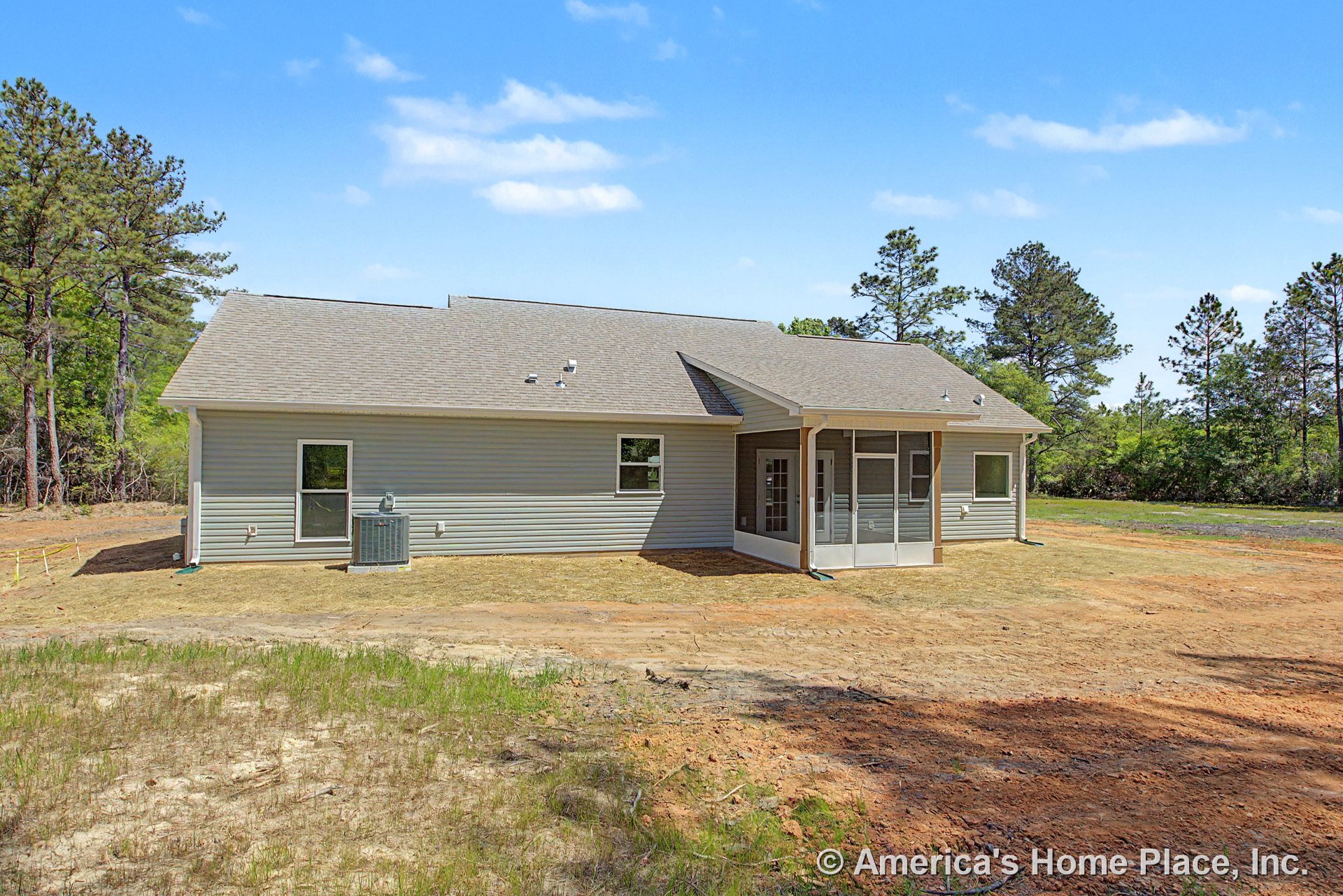 Screened porch with gable roof, vinyl siding exterior, double exterior doors, single-hung windows, central HVAC unit, and white trim detailing.