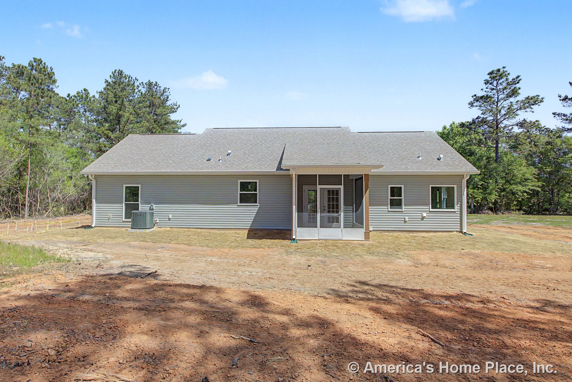 Screened porch with gable roof, vinyl siding exterior, double-hung windows, exterior door with glass panels, and central HVAC unit adjacent to porch.