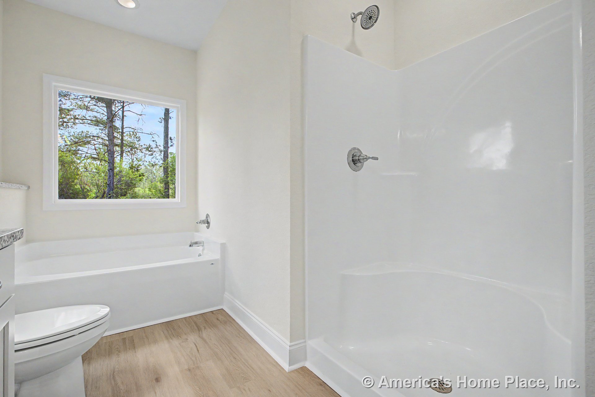 Walk-in shower with chrome fixtures beside soaking tub positioned under a large picture window, light wood-look flooring, white cabinetry topped with granite countertop, recessed