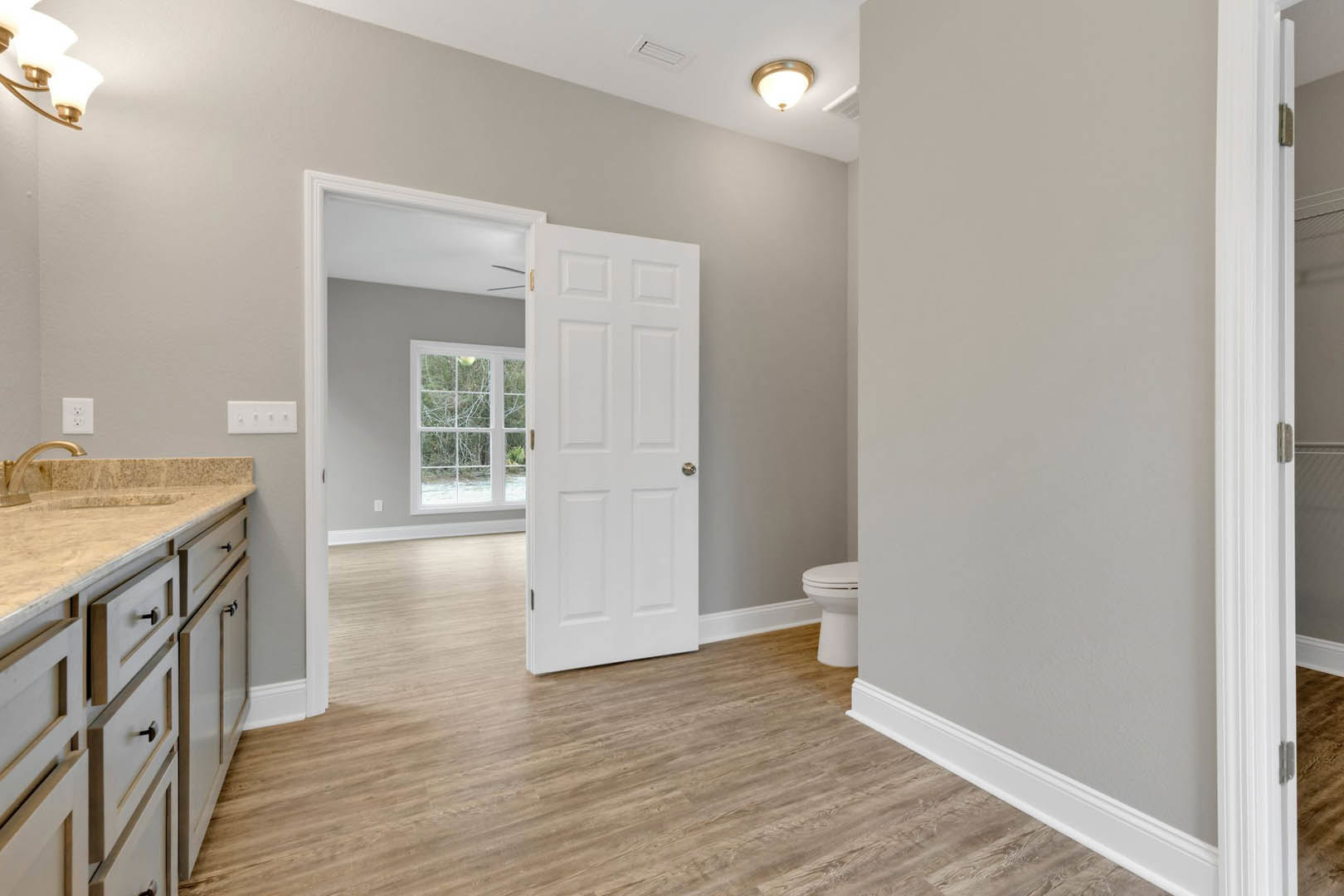 Bathroom with warm wood flooring, white paneled door, ceiling light fixture, white toilet, window featuring a green decorative ball, and a white rectangular device with black