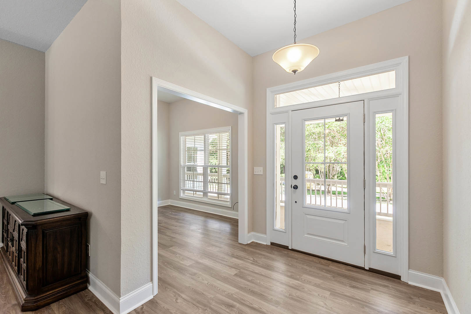 Hallway with white paneled doors, wood flooring, wooden cabinet with glass top, white door with glass panes, window with blinds, white-shaded ceiling light fixture, close-up of