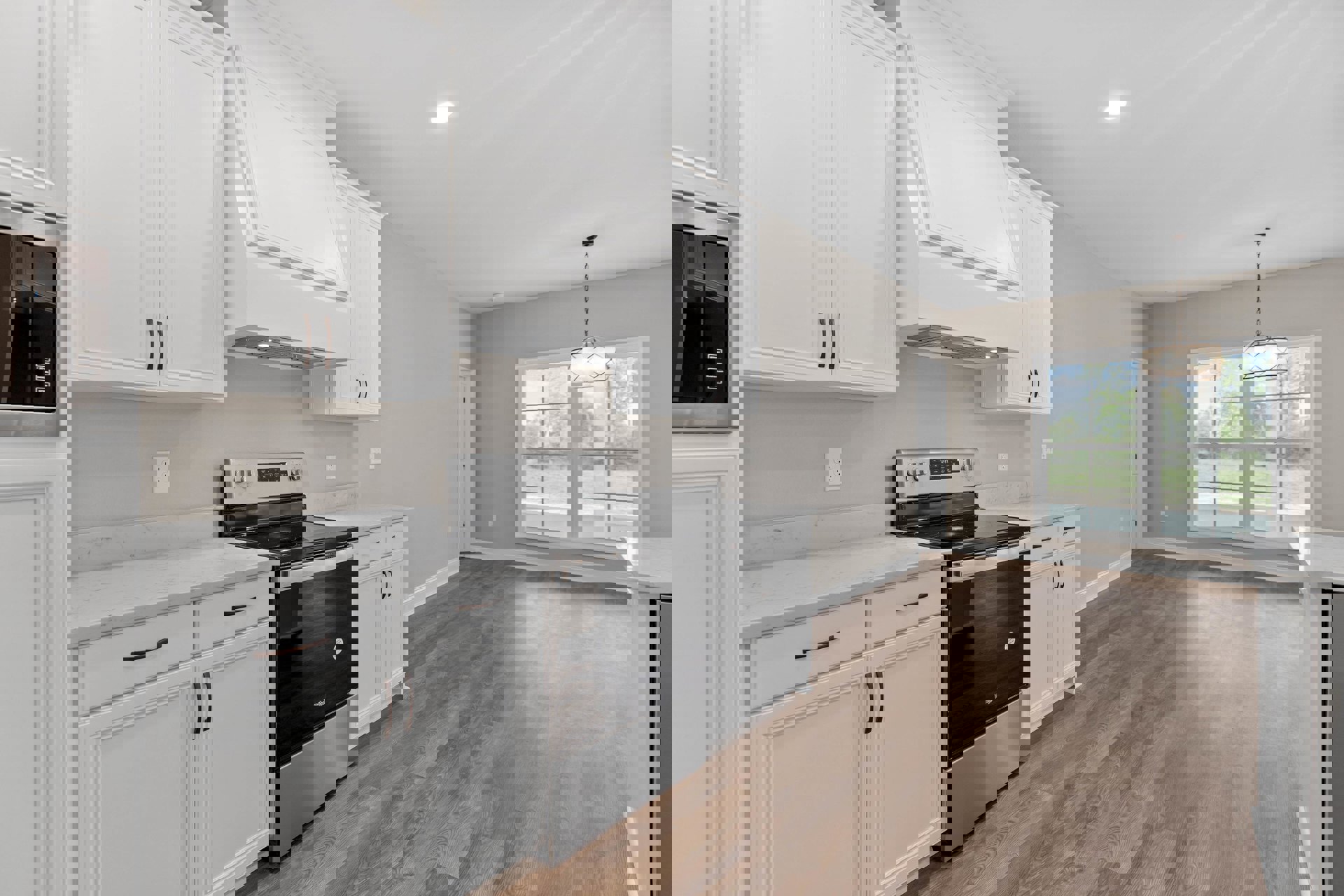 White kitchen cabinets and appliances, black and silver stove, white door, chandelier and ceiling light fixture, neutral countertops and flooring