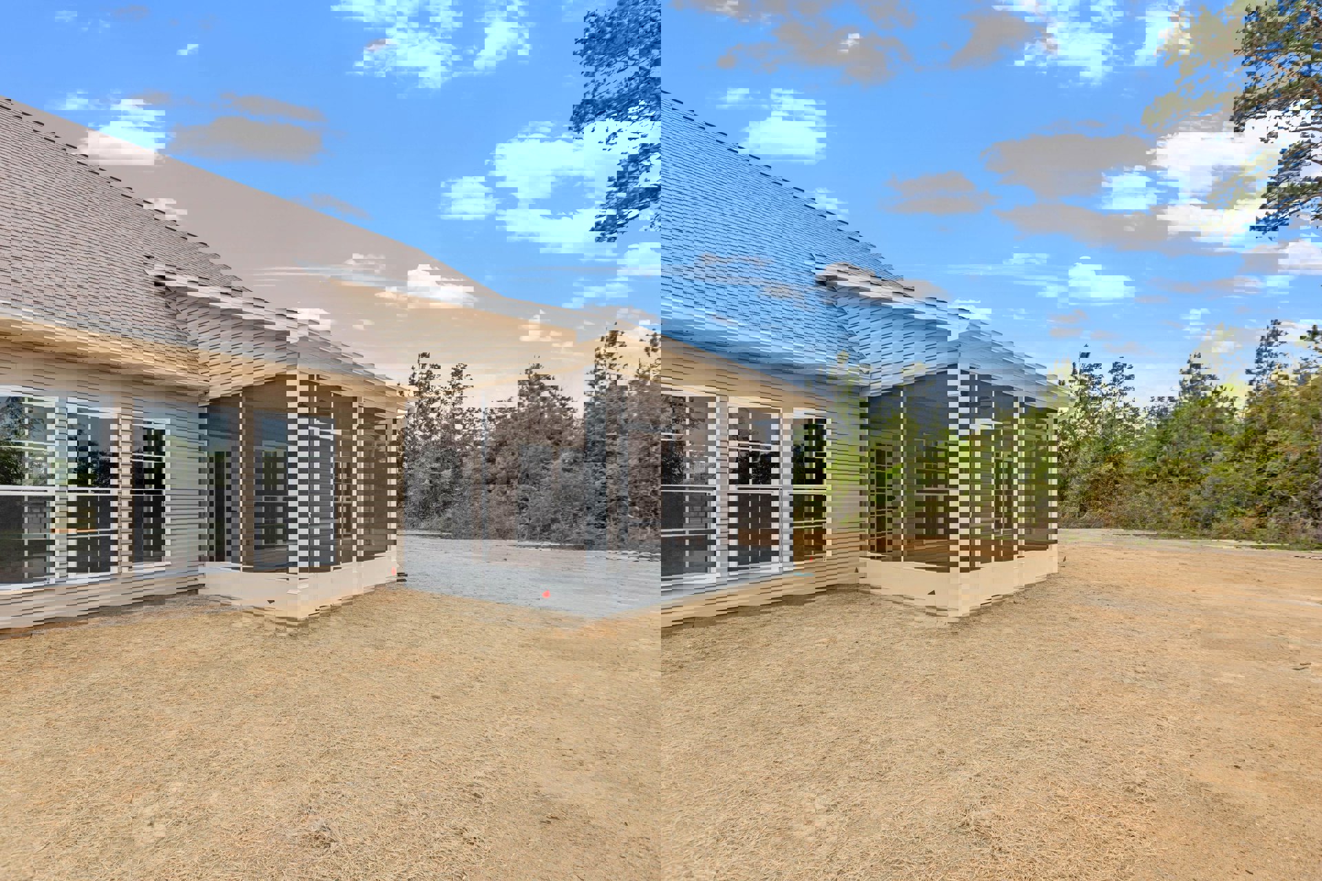 White-framed screen porch and glass-paneled door on a house exterior, windows reflecting trees, blue sky with clouds overhead