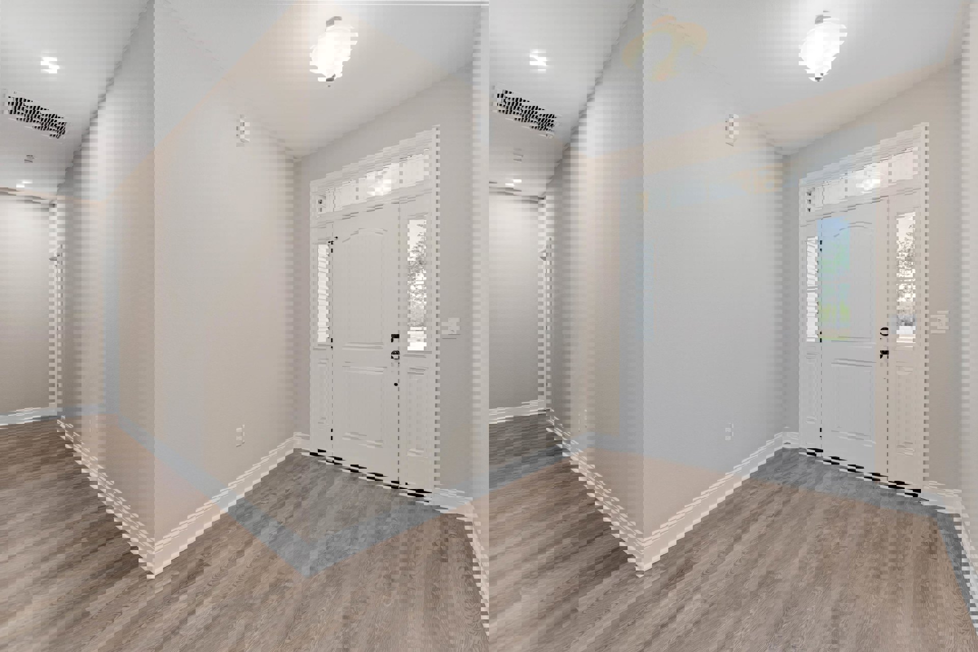 White paneled door with glass windows, wood laminate flooring, plaster walls, ceiling vent, and modern ceiling light fixture.