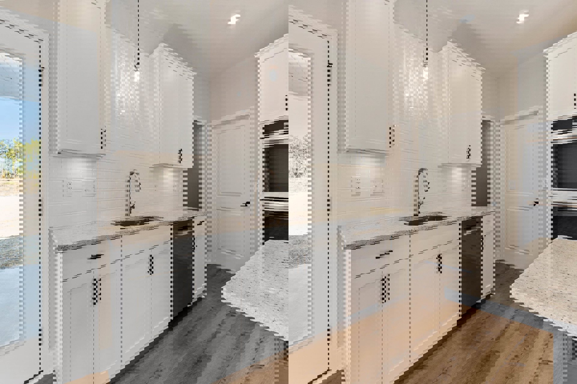 White kitchen with shaker cabinets, quartz countertops, stainless oven, white tile backsplash, wood flooring, and white framed door
