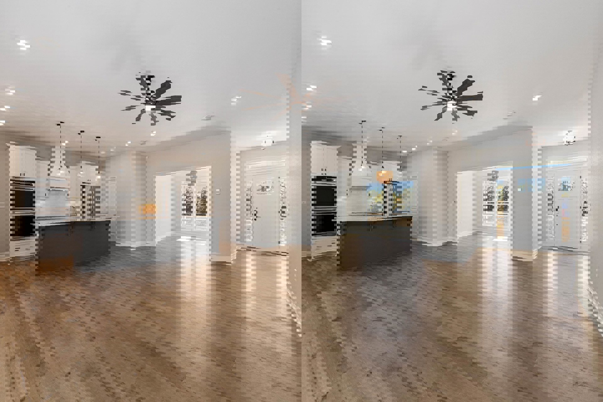 Open kitchen with wood flooring, white cabinetry, built-in microwave, ceiling fan with light, glass-paneled door, and stone countertop with shelving