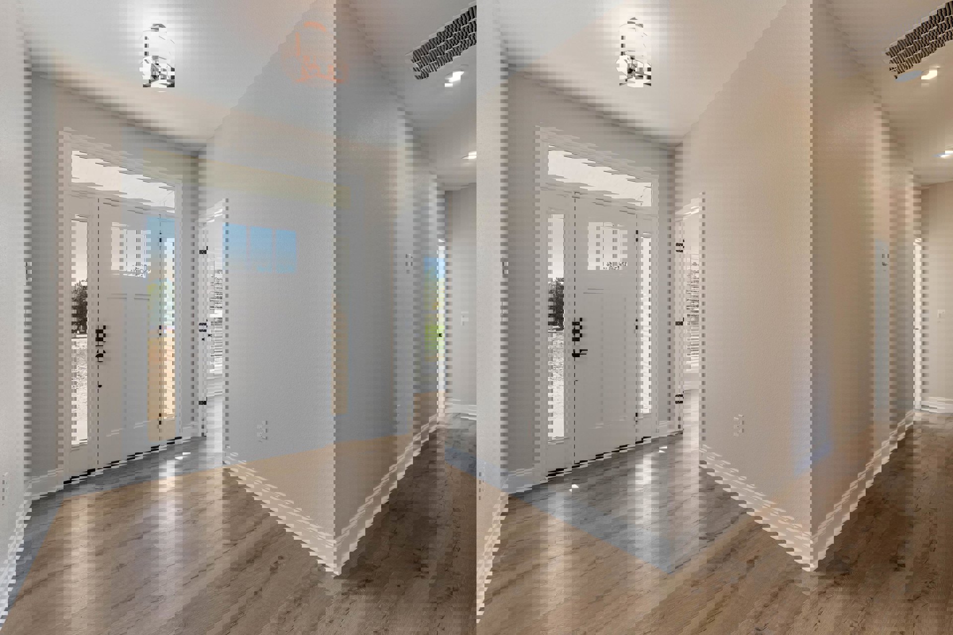 Hallway with white plaster walls, wood flooring, ceiling vent, white door with glass panels, and a close-up lamp fixture