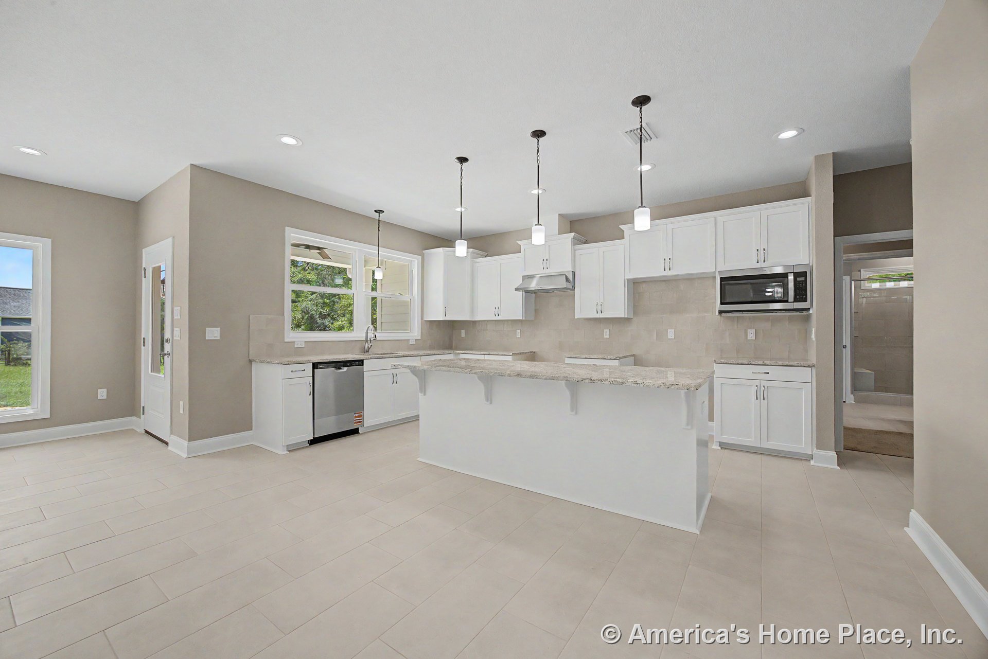White shaker cabinets and granite countertops with a central kitchen island, stainless steel appliances, tile backsplash, pendant and recessed ceiling lights, double windows, and