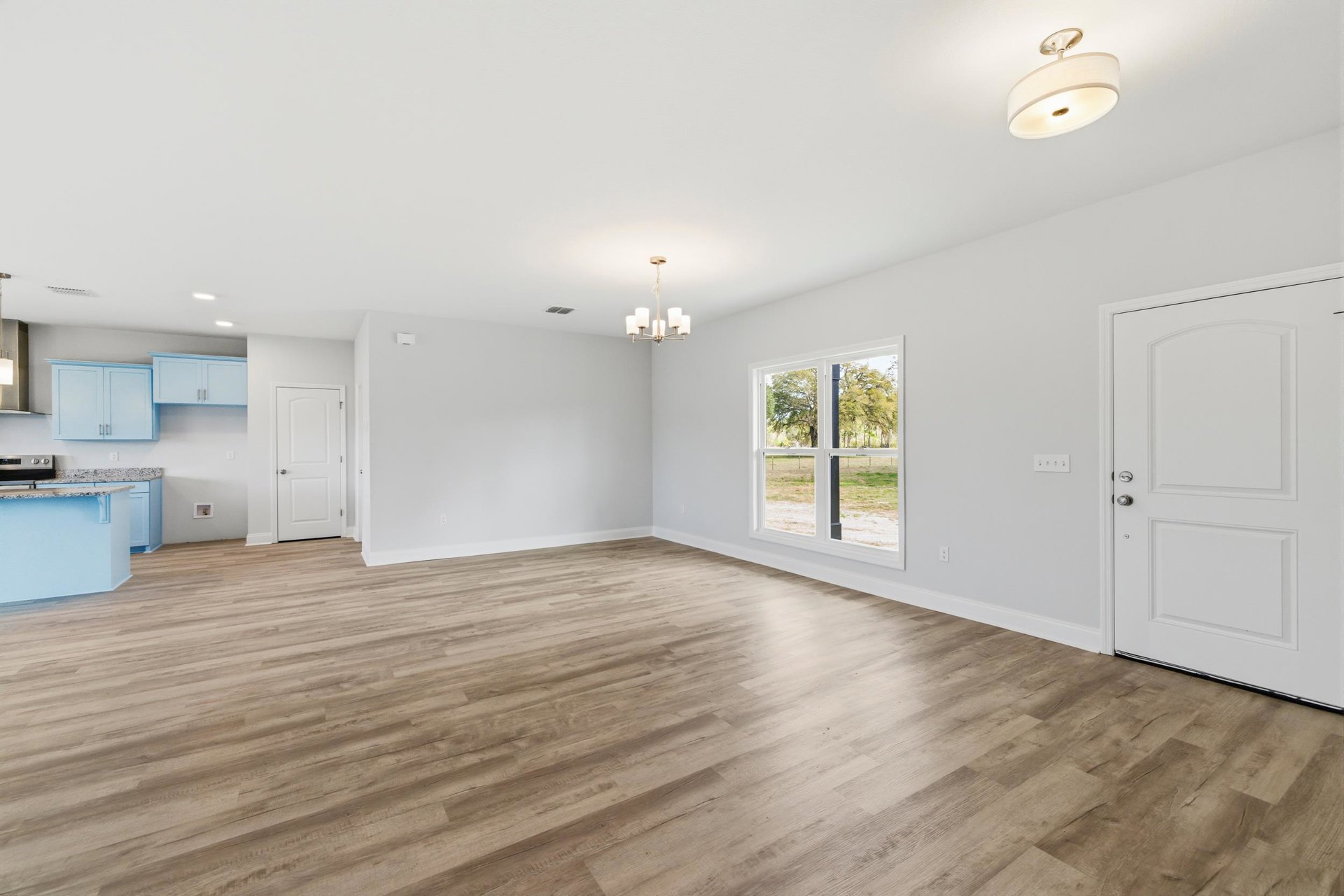 Room with light wood flooring, white plaster walls, white door with silver knob, window overlooking grassy field, and ceiling-mounted light fixture with white shade.