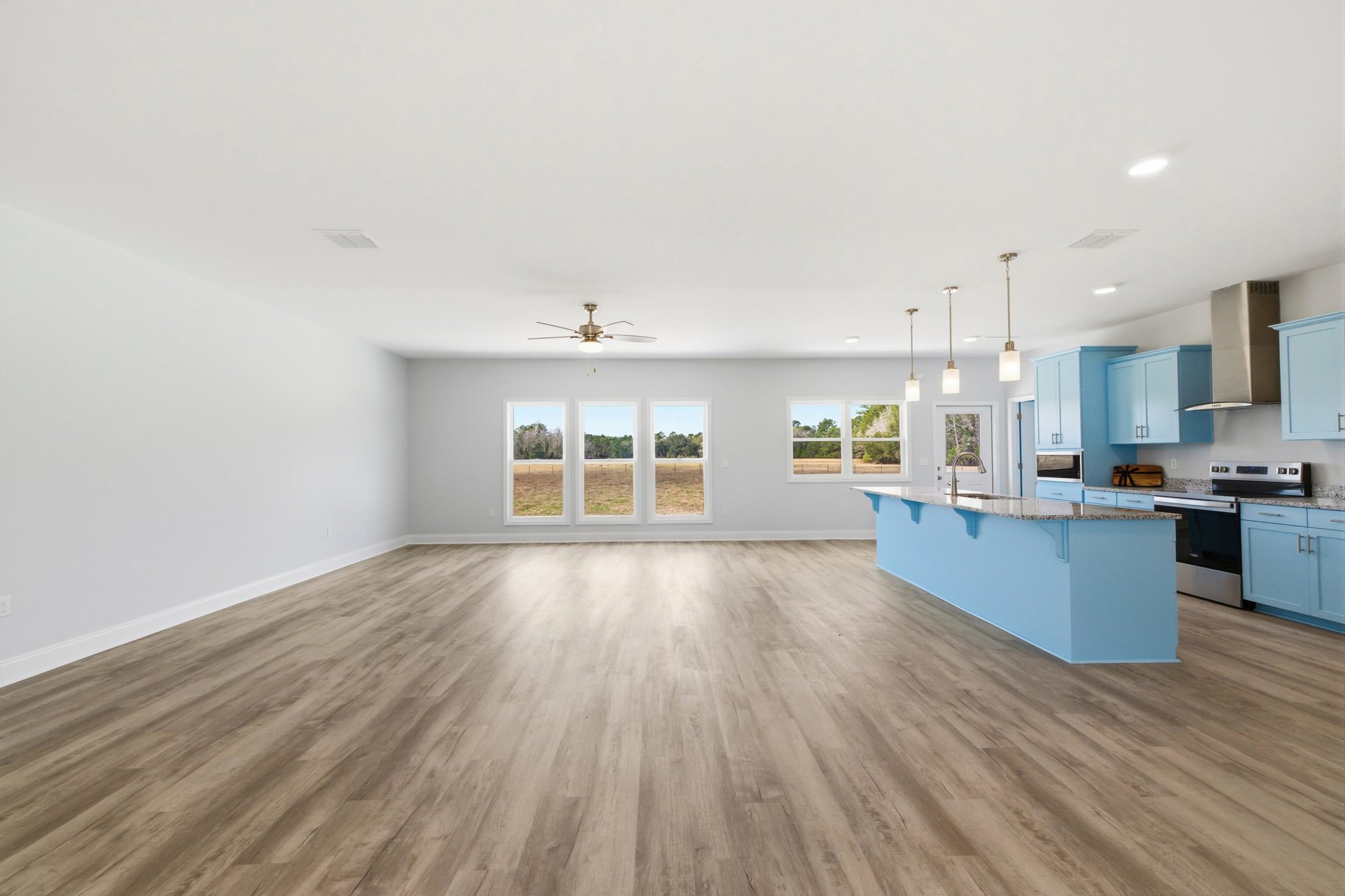 Open kitchen with marble island, wood flooring, white cabinetry, ceiling fan with light, large windows overlooking a grassy field, and a close-up of a white door.