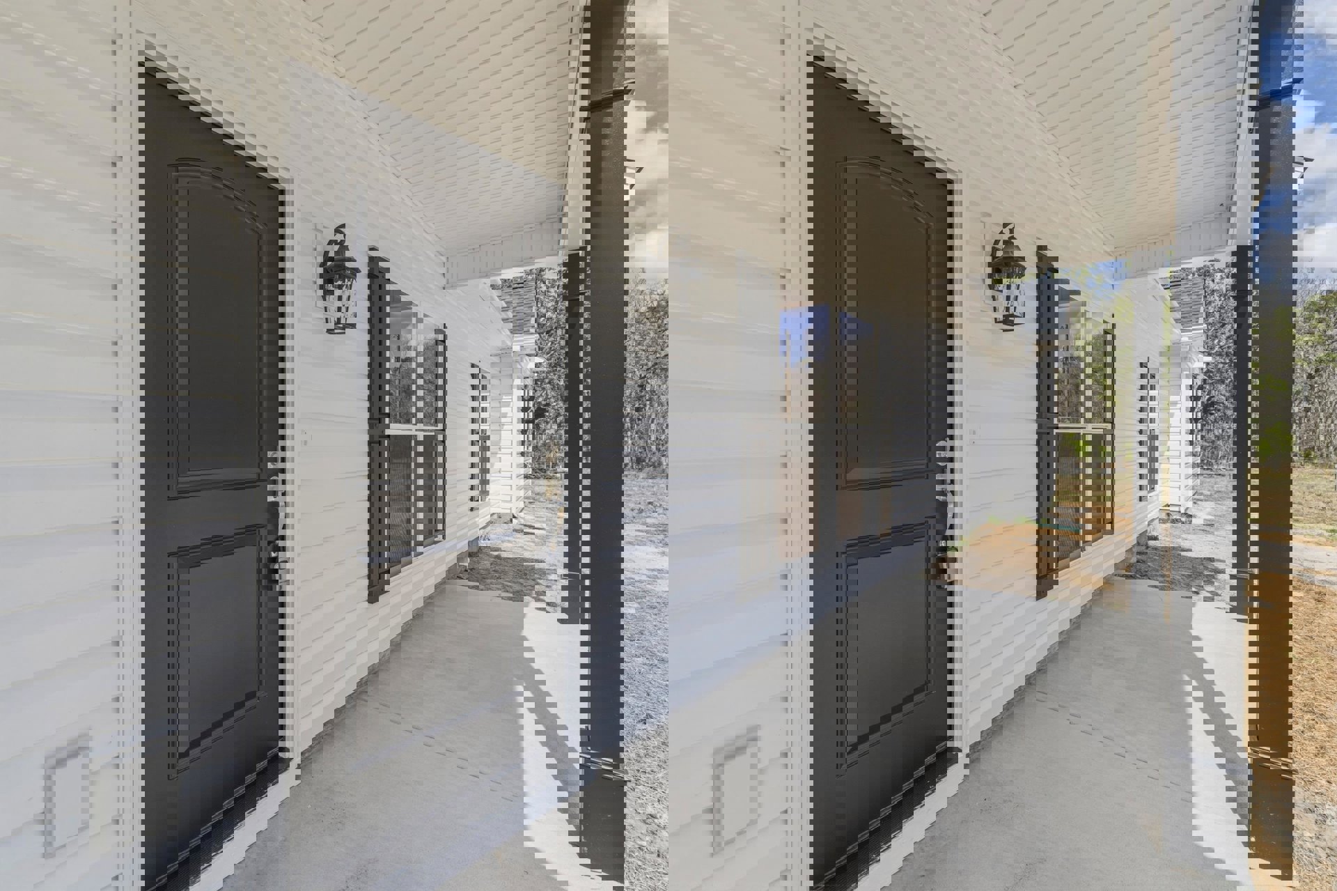 Black front door with modern hardware set in white siding, porch light fixture mounted beside entry, overhang roof visible above.