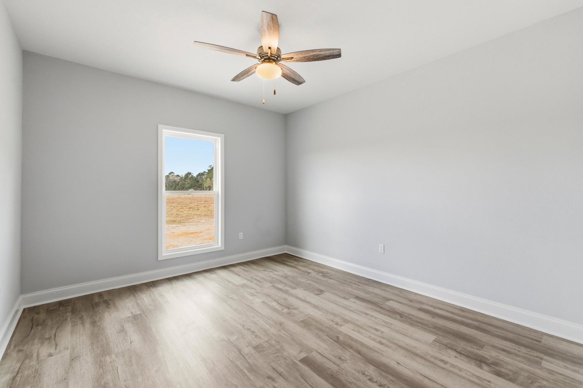Ceiling fan with light fixture, large window overlooking grassy field and distant trees, wood flooring, white plaster walls with crown molding