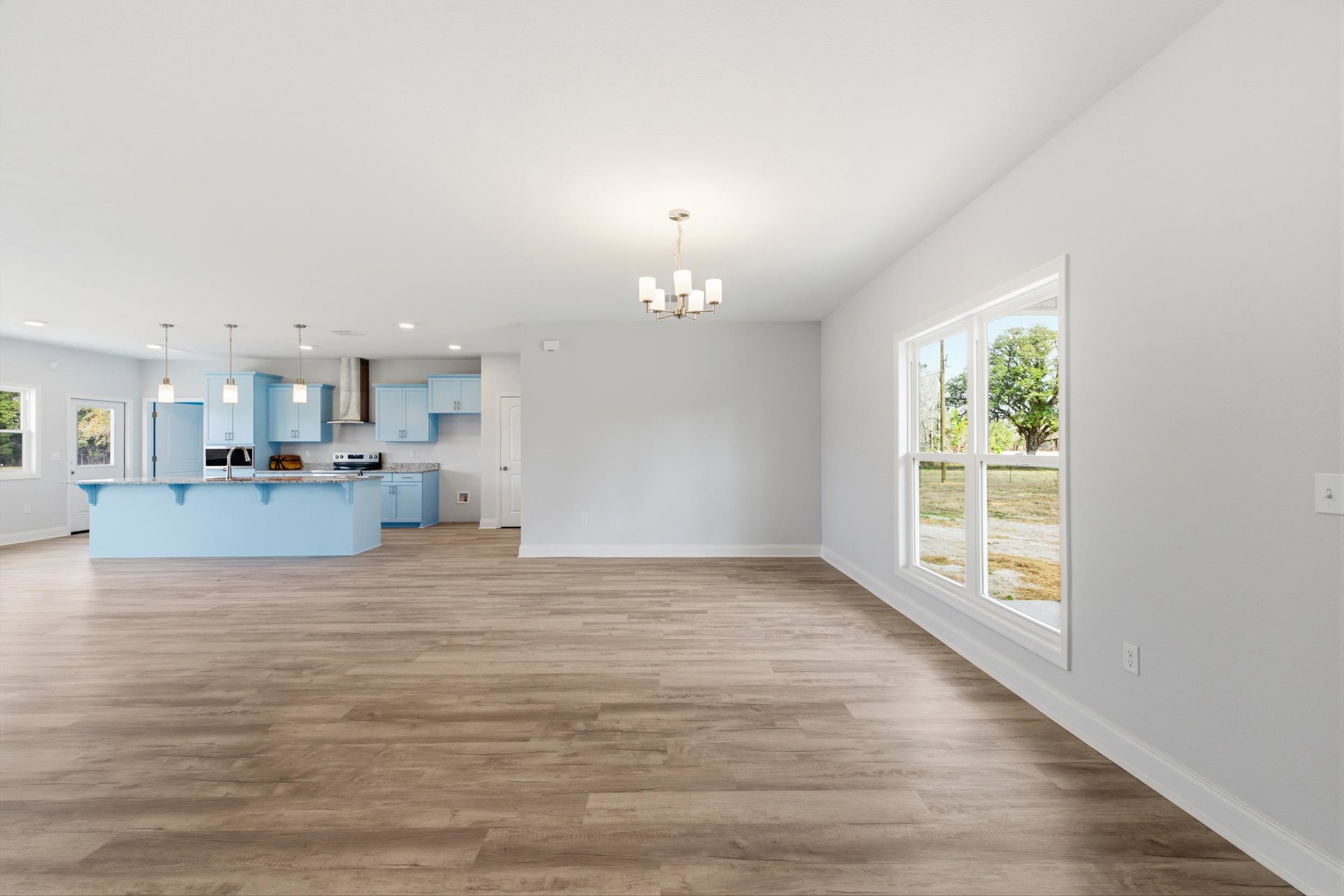 Open kitchen with wood flooring, blue accent wall featuring stainless steel range hood, large window overlooking leafy tree, white plaster ceiling