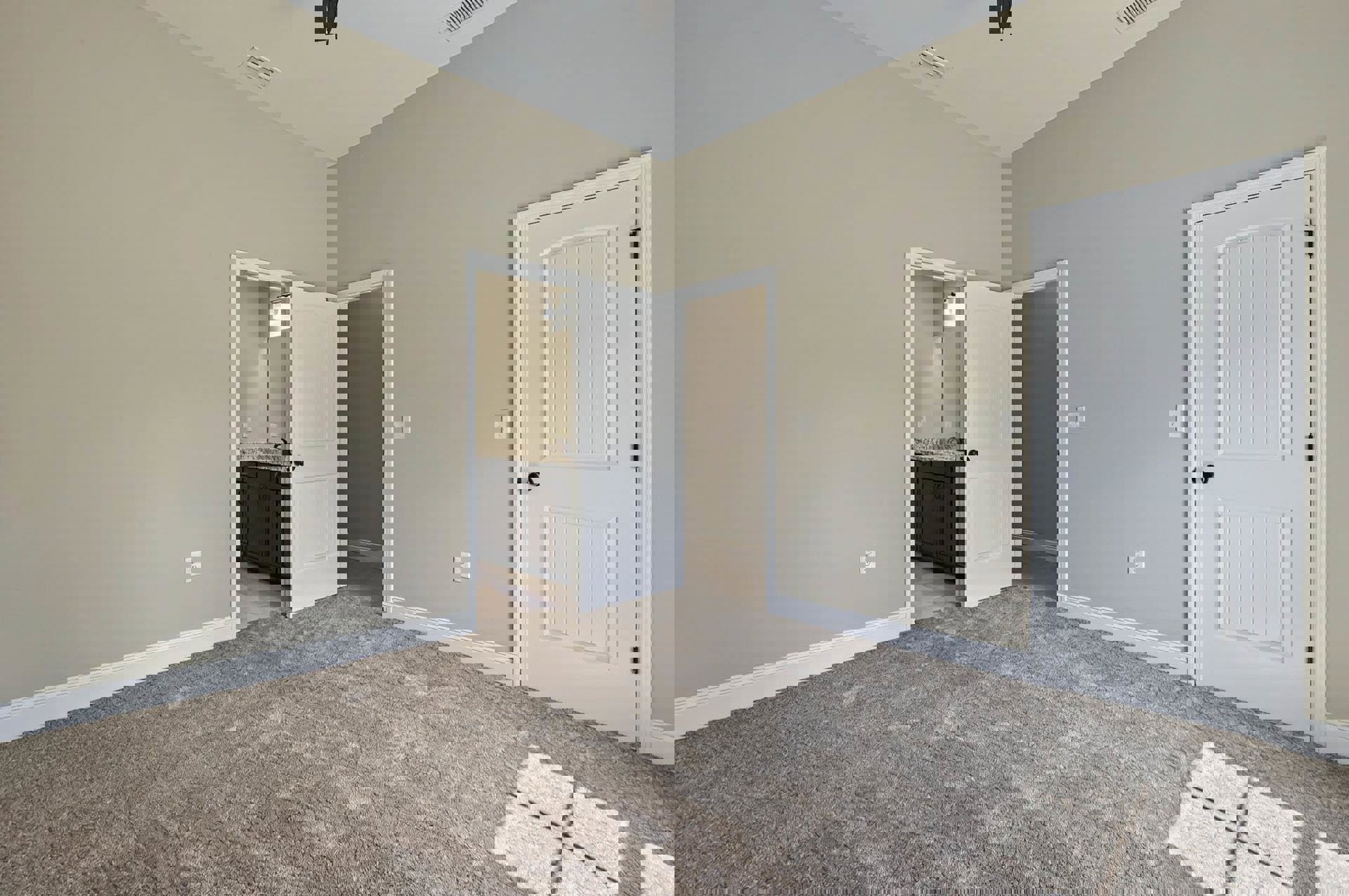 White paneled doors with black knobs, light carpet flooring, built-in sink with white cabinetry, brown accent wall with white trim molding